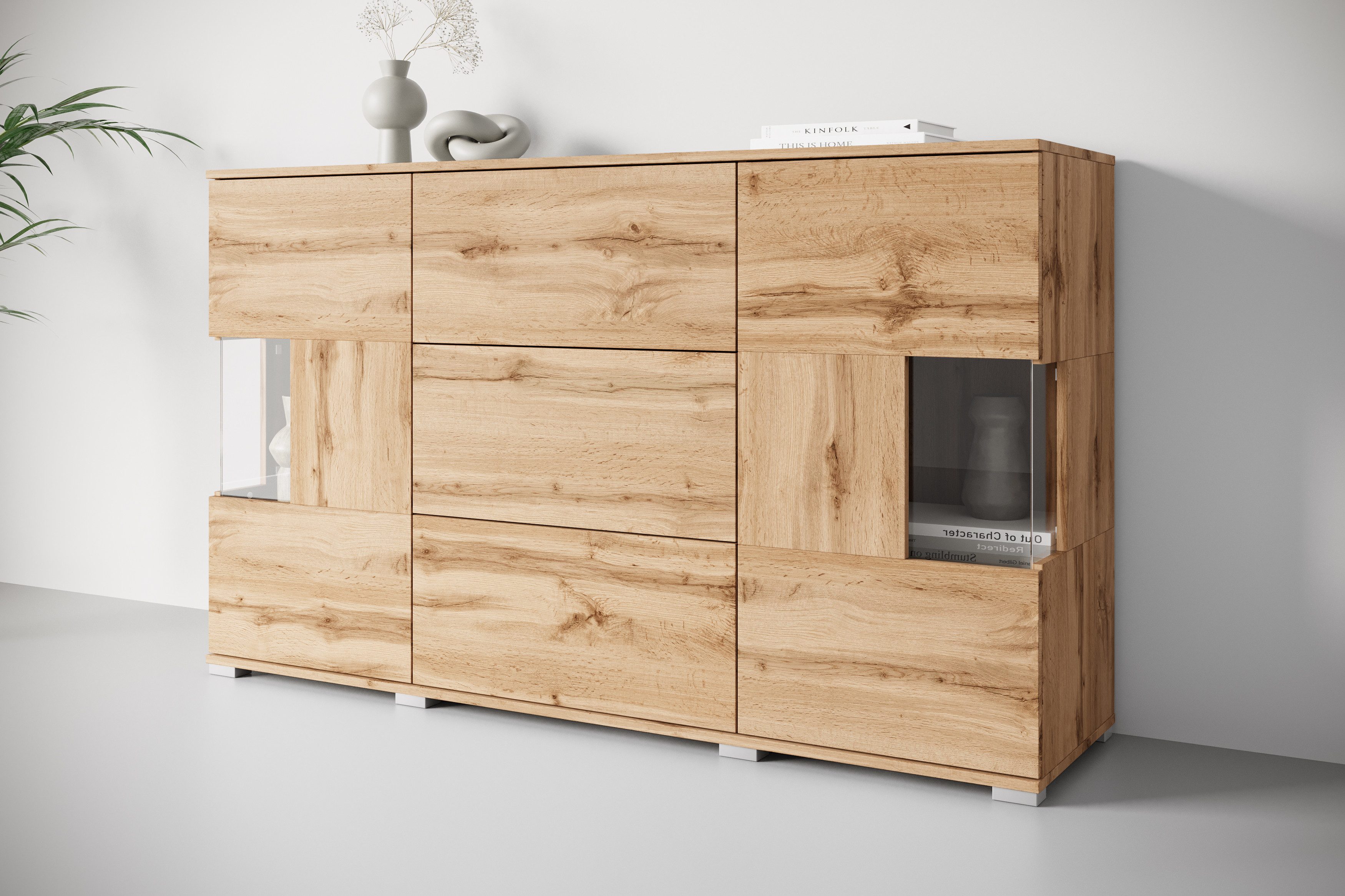 OTTO home Sideboard Kenia (1 St), Sideboard mit 3 Schubladen, 6 Fächern, Glastüren, Breite 150 cm