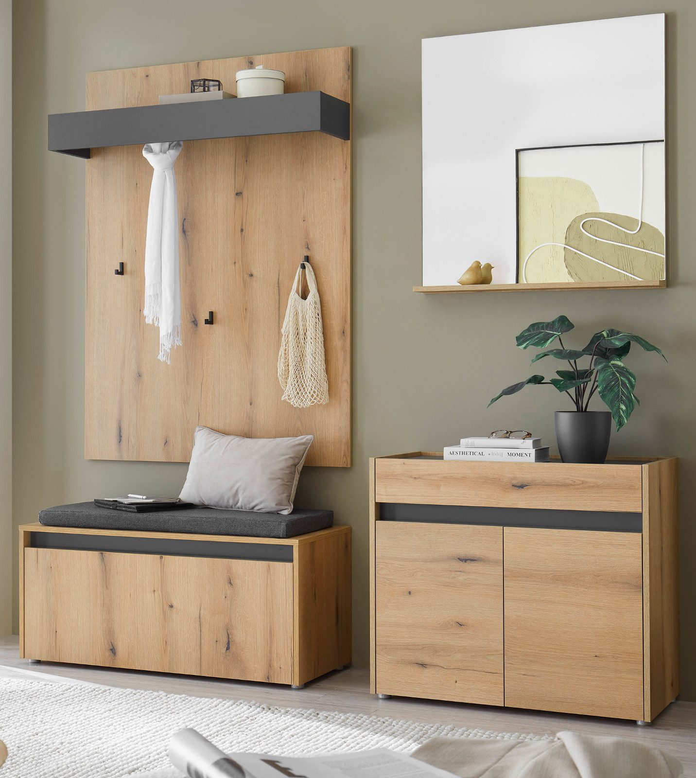 Furn.Design Garderoben-Set Center, (Flurgarderobe in Eiche mit Grau, Set 4-teilig, 190 x 200 cm), mit Sitzkissen
