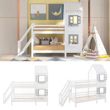DOPWii Kinderbett 90x200cm Etagenbett mit Handlauf und Fenster, Hausbett, Kinderbett, mit Fallschutz und Gitter,Rahmen aus Kiefer,Weiß