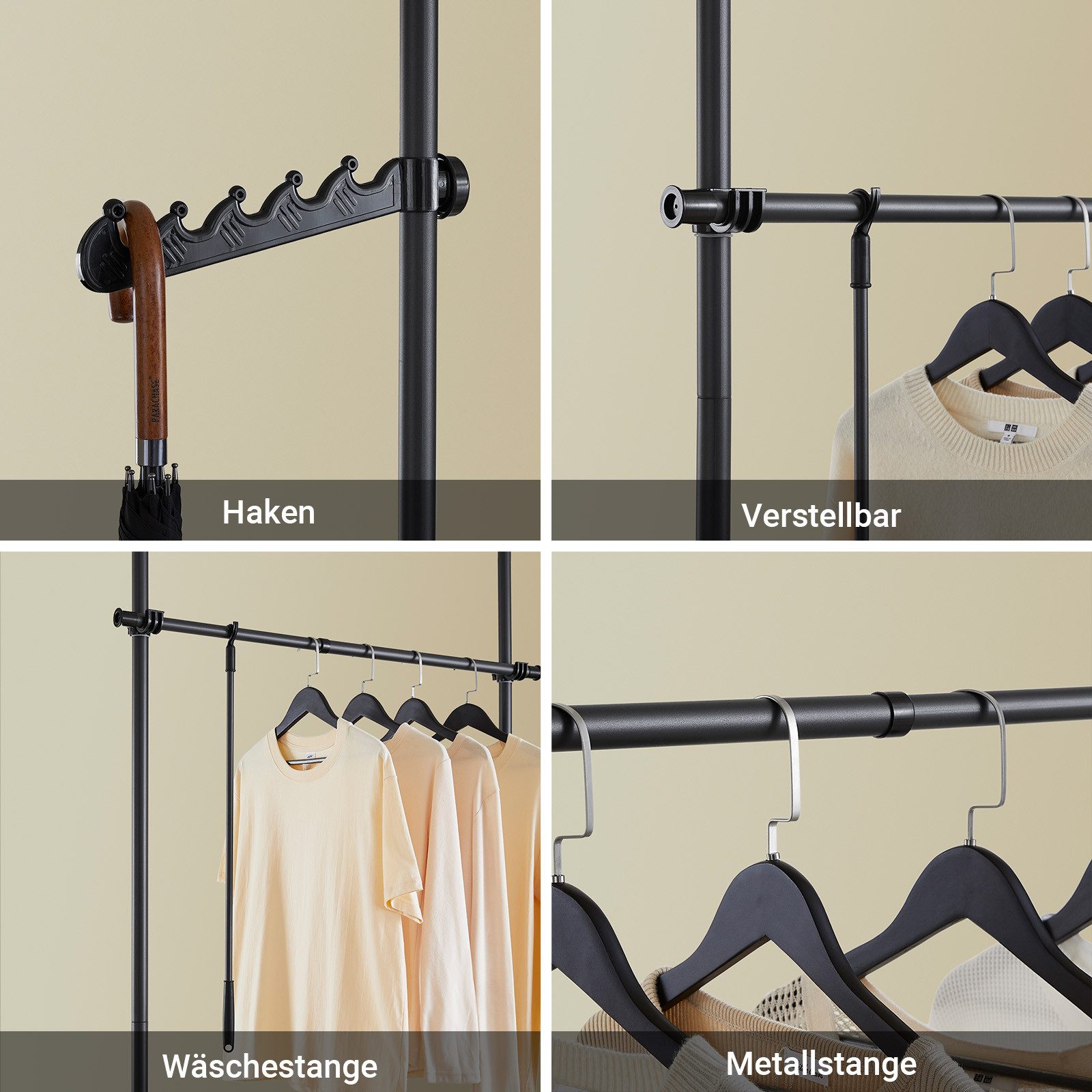 SoBuy Kleiderständer FRG109, deckenhoch, 3-stufige, höhen- und breitenverstellbar, Garderoben System mit 2 Kleiderstangen Regalsystem, Schlafzimmer