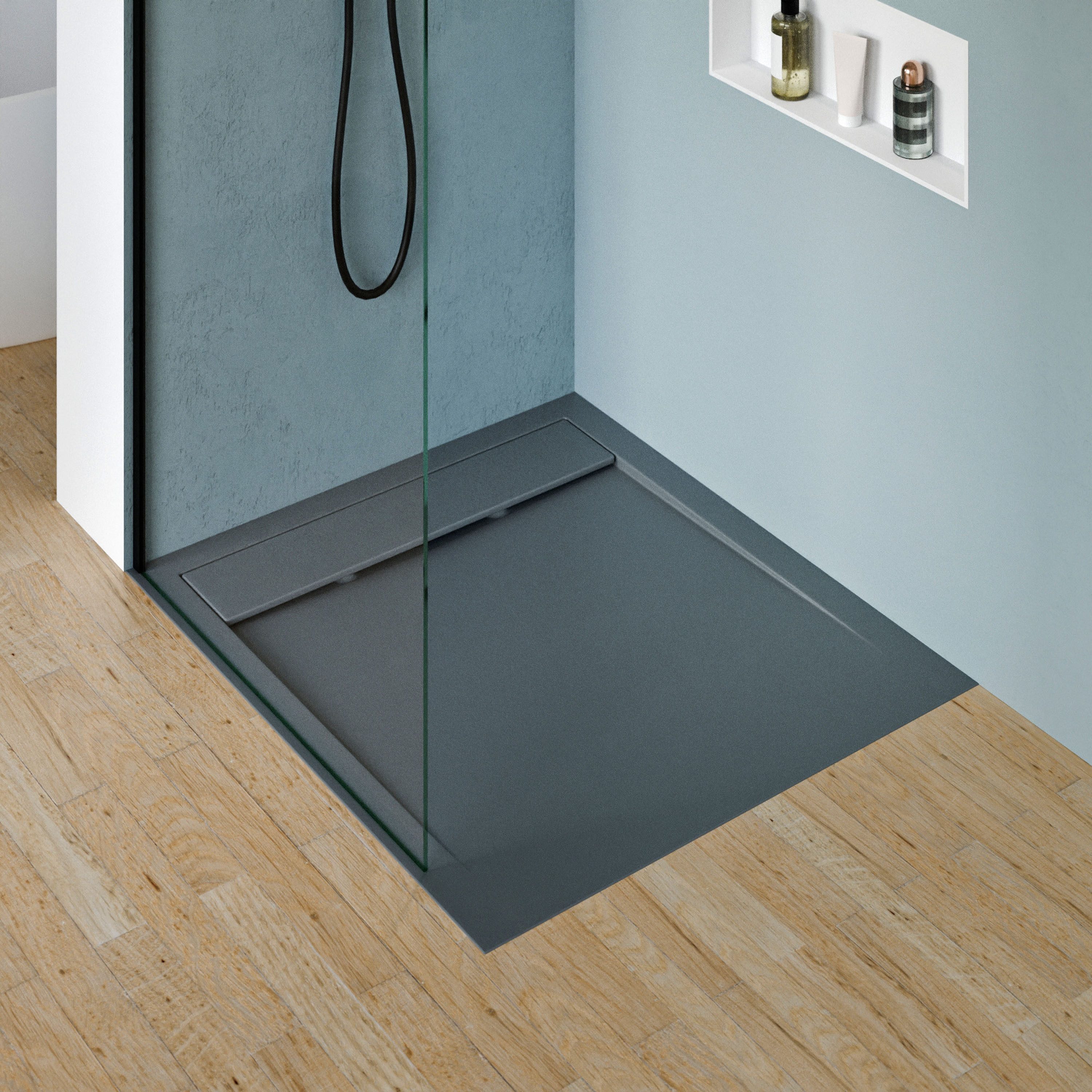 Bernstein Rechteckduschwanne New York, GFK mit Gel-Coat, Duschwanne 100x90cm Steinoptik Anthrazit matt flach ohne Ablauf