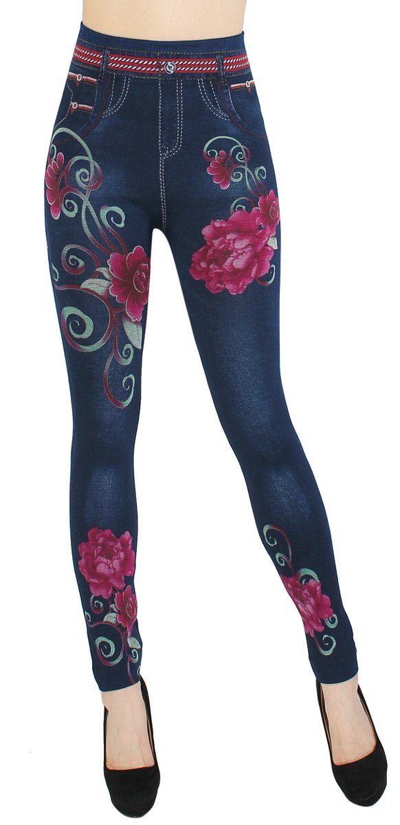 dy_mode Leggings JL088-BigRedFlowers elastischem High Damen in Jeggings Jeans Bund Jeggings mit Jeansleggings Waist Optik Bequem