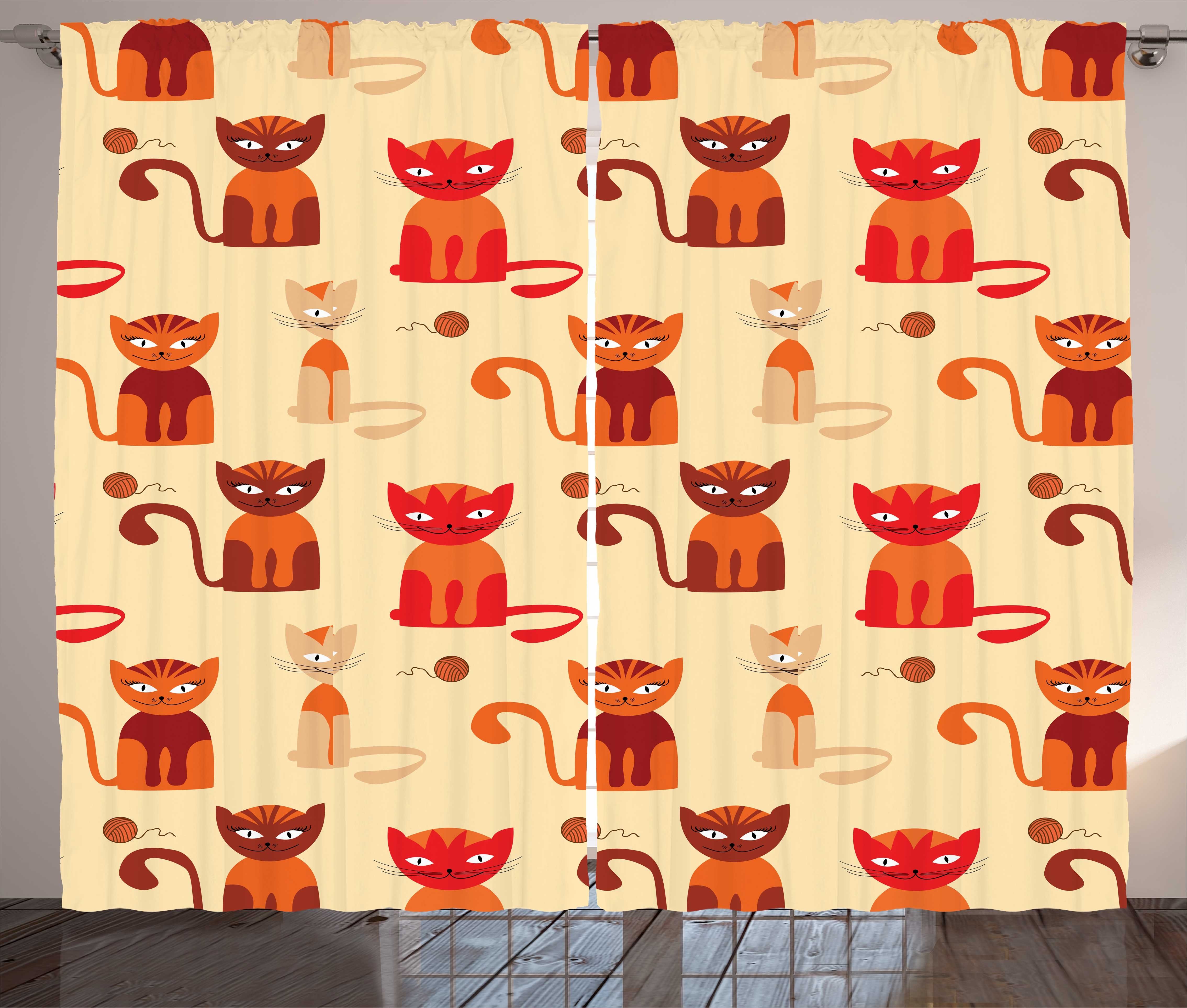 Gardine Schlafzimmer Kräuselband Vorhang mit Schlaufen und Haken, Abakuhaus, Kätzchen Katzen in Paprika orange Ton | Fertiggardinen