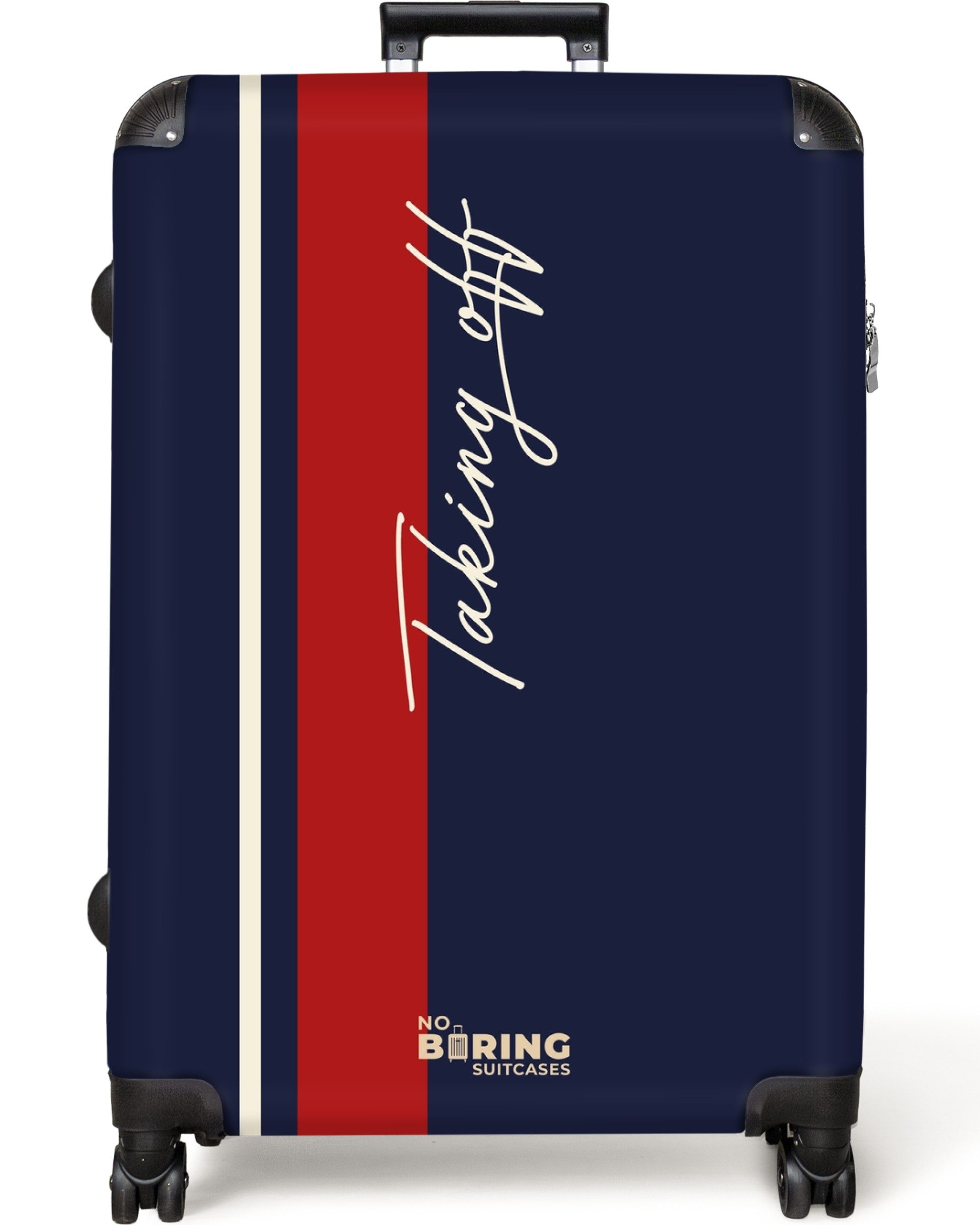 NoBoringSuitcases.com© Hartschalen-Trolley Dunkelblauer Hintergrund mit rotem und weißem Streifen und Text Taking, 8 Rollen, Koffer Groß für 30kg, Trolley, Rollkoffer, Reisekoffer
