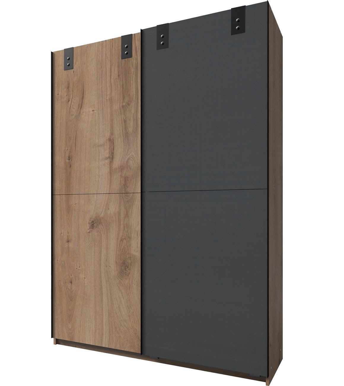 Wimex Schwebetürenschrank Cardiff (2-türig, 2 Einlegeboden, 2 Kleiderstangen, 1-St., Industrial-Optik, 2-türig, schwarze Metallgriffleisten) 135x64x198cm / Plankeneiche / graphit