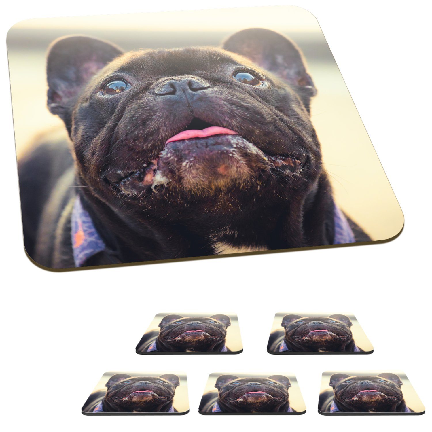 Tasse Glasuntersetzer Bulldogge Schwarz 6-tlg., Tischuntersetzer, Gläser, - Korkuntersetzer, MuchoWow Zubehör Glasuntersetzer, Untersetzer, für Französische Sonne, -