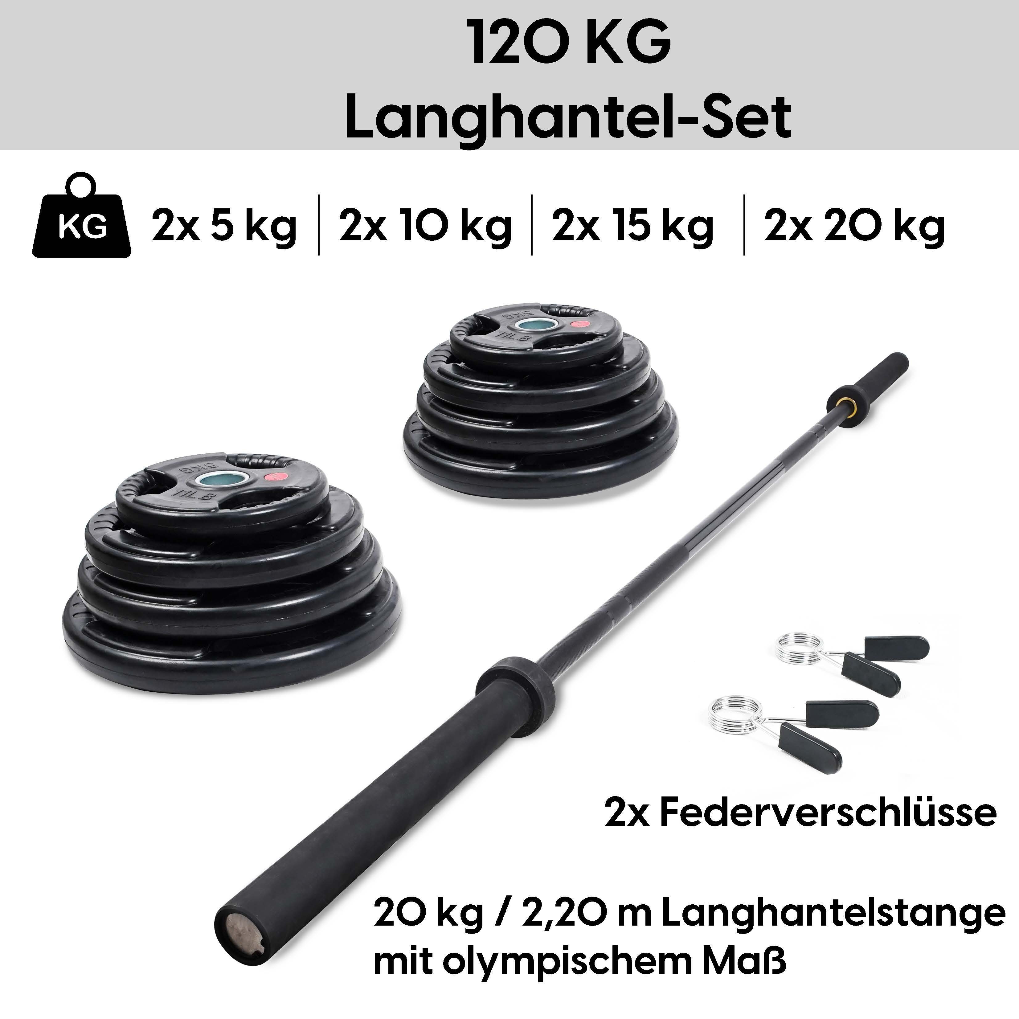 wuuhoo Hantel-Set 120kg Hantelscheiben, Fitness Ständer Stahlkern Set 1 Set ohne Design gummiert Langhantelstange und Griffen, mit Olympia