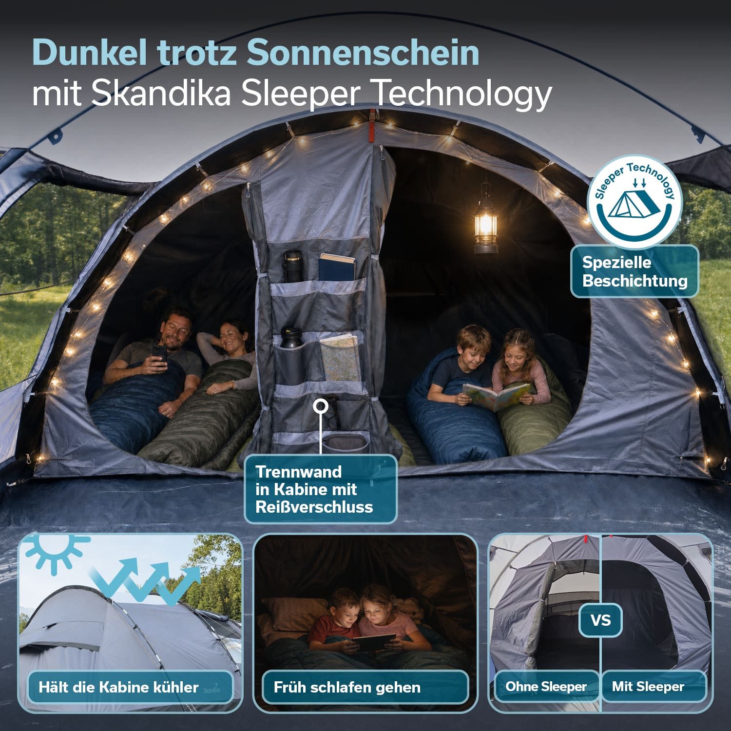 Skandika Tunnelzelt Falkenberg Sleeper Protect, Großes Familienzelt für 6 Personen, Personen: 6 (wasserdicht, 2m Stehhöhe, 670 x 390 x 200 cm, UV-Schutz: UPF 50 – Bild 2 von 5