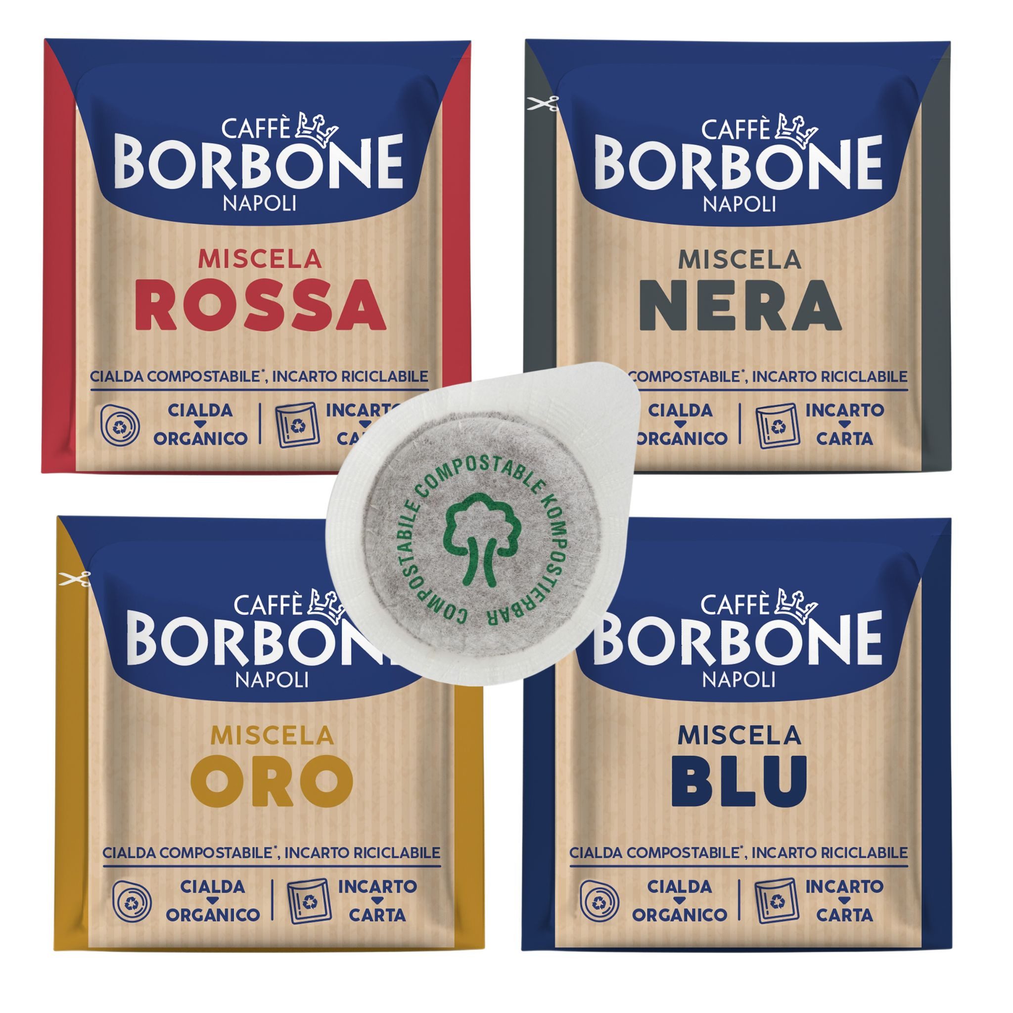 Caffè Borbone Kaffee Caffè Borbone 4er Set (200 Pads) Kompostierbar: Oro, Blu, Nera, Rossa, 4 x (Neapolitanischer Kaffee, 200 E.S.E. Pads Vorrat für ESE-Geräte)