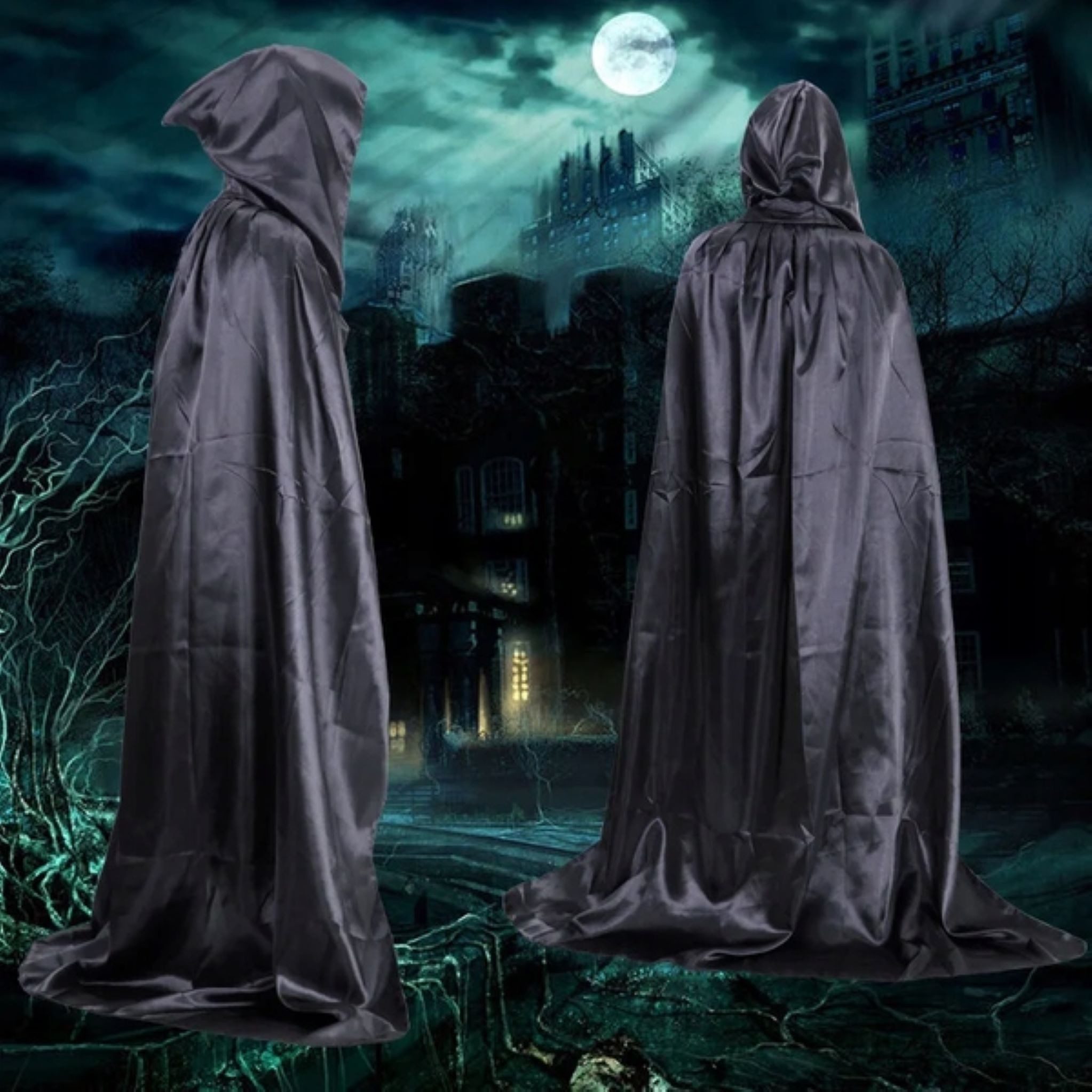 partydeco Kostüm Schwarzer Umhang mit Kapuze 140 cm für Vampir, Gotik, Halloween-Kostüm