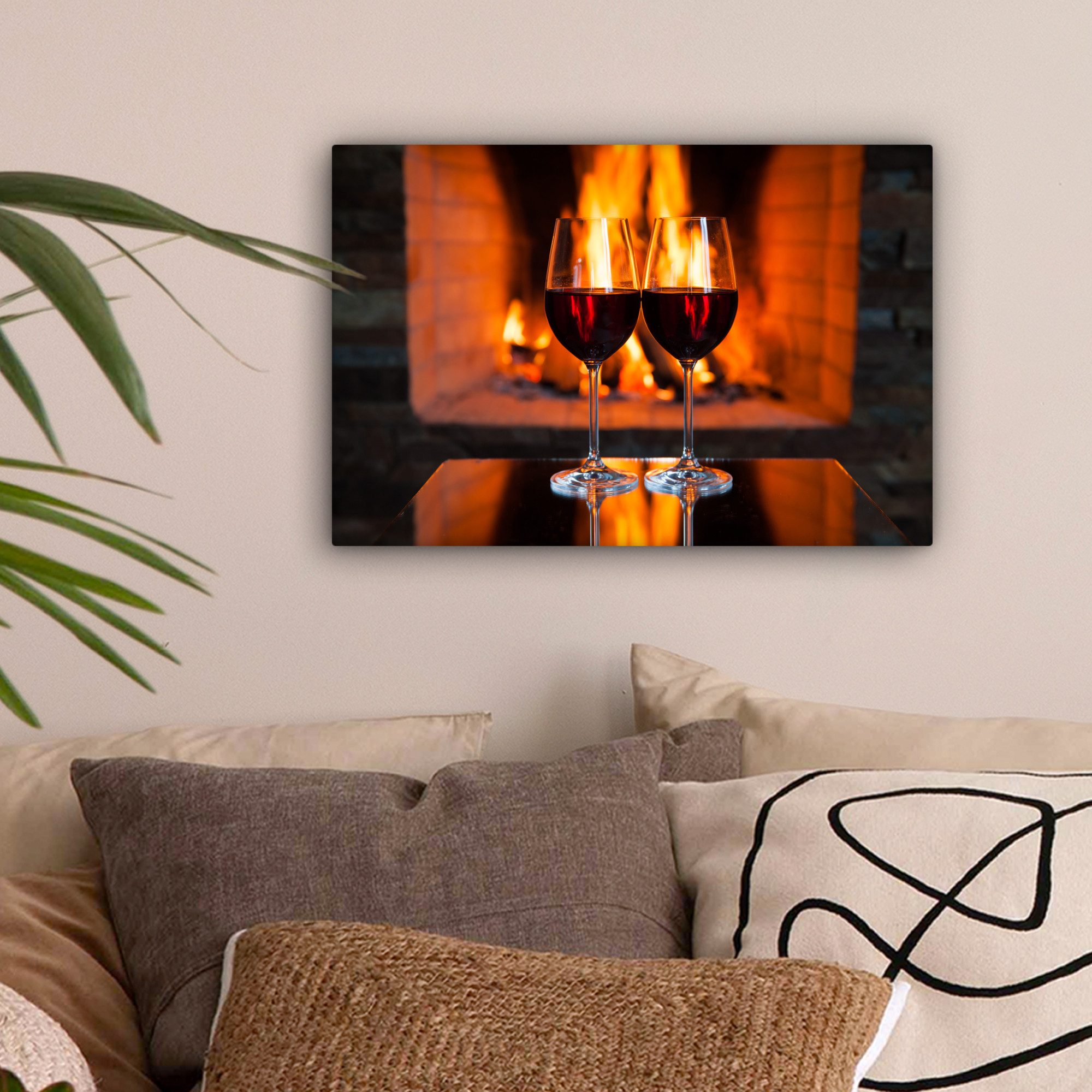 OneMillionCanvasses® Leinwandbild Zwei Gläser Rotwein am offenen Feuer, Fot günstig online kaufen