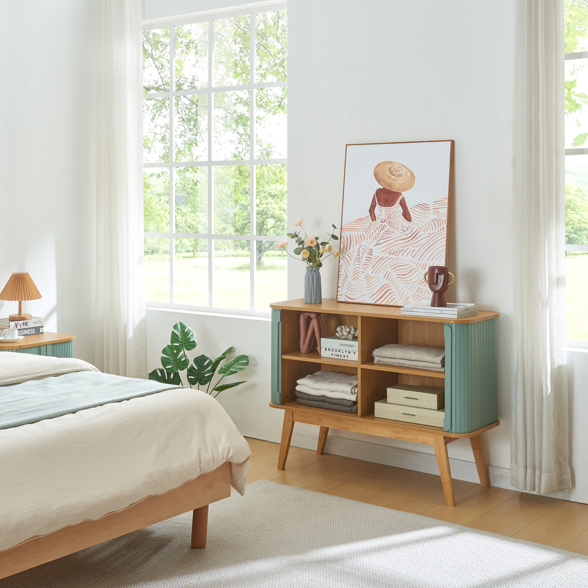 en.casa Kommode, »Tysvær« mit 2 Schiebetüren 110 x 40 x 80 cm Bambus/Blau