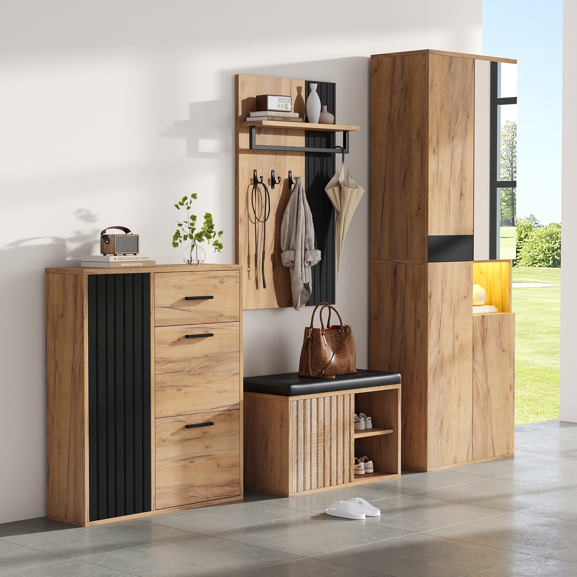 Merax Garderoben-Set 4-teilig Garderobenset, (1-St., Kleiderschrank, Schuhschrank, Schuhbank & Wandgarderobe), Flurmöbel, 215×36×190 cm – Bild 4 von 5