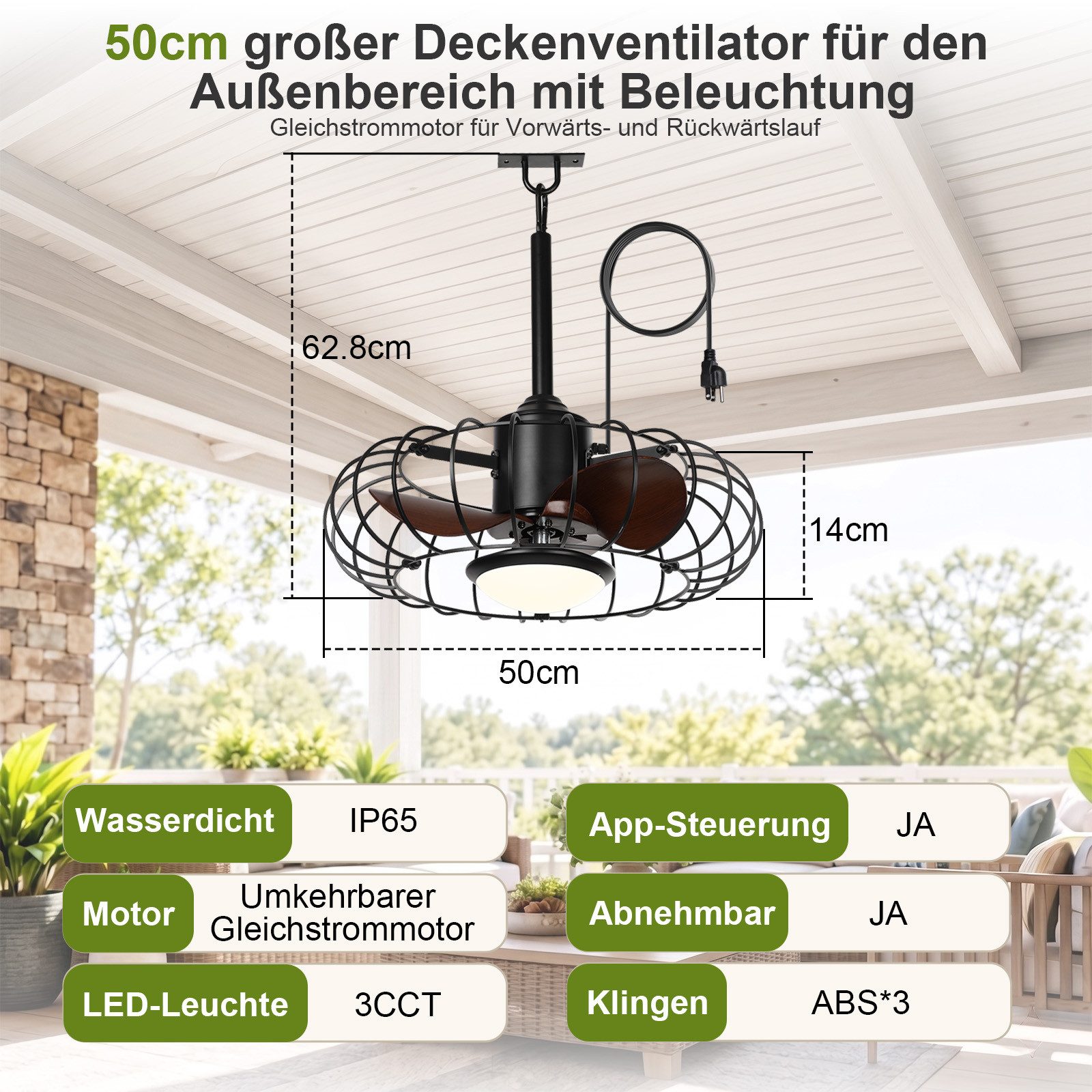 Sunicol Deckenventilator 50cm Outdoor Deckenventilator mit LED-Licht, IP65 und Schutzkäfig, 6 Stufen, 3 Lichtfarben, dimmbar, Steuerung per App und Fernbedienung