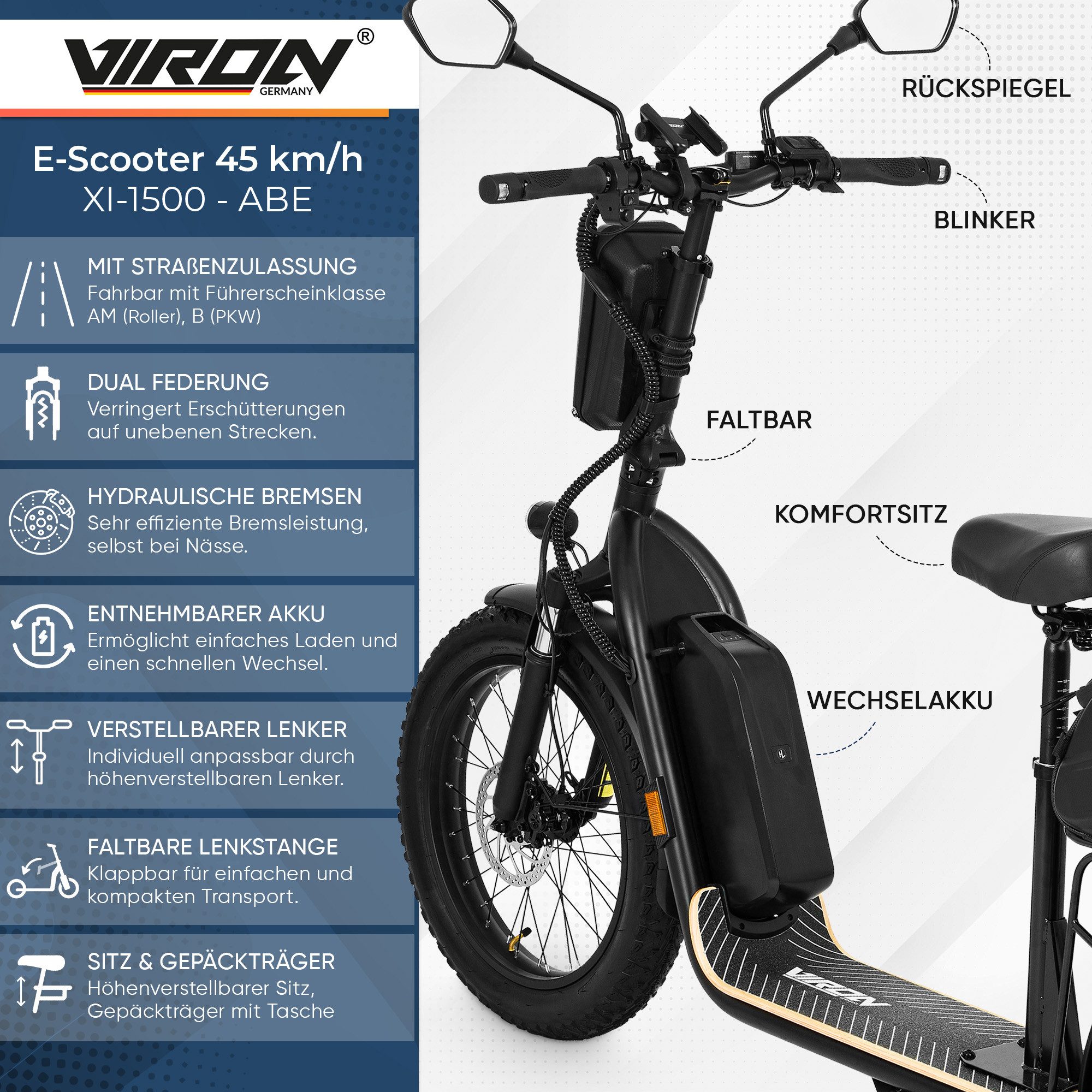 Viron E-Scooter XI-1500-EEC with road approval (ABE), electric scooter, electric moped, foldable scooter