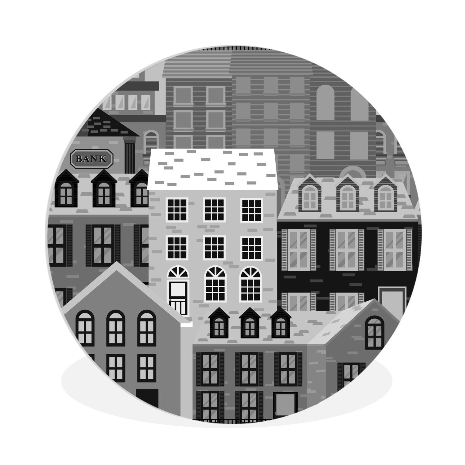 MuchoWow Gemälde Muster der Häuser in der Stadt - schwarz und weiß, (1 St), Kreis Wanddekoration Forex, Rundes Wandbild, Wohnzimmer, 30x30 cm