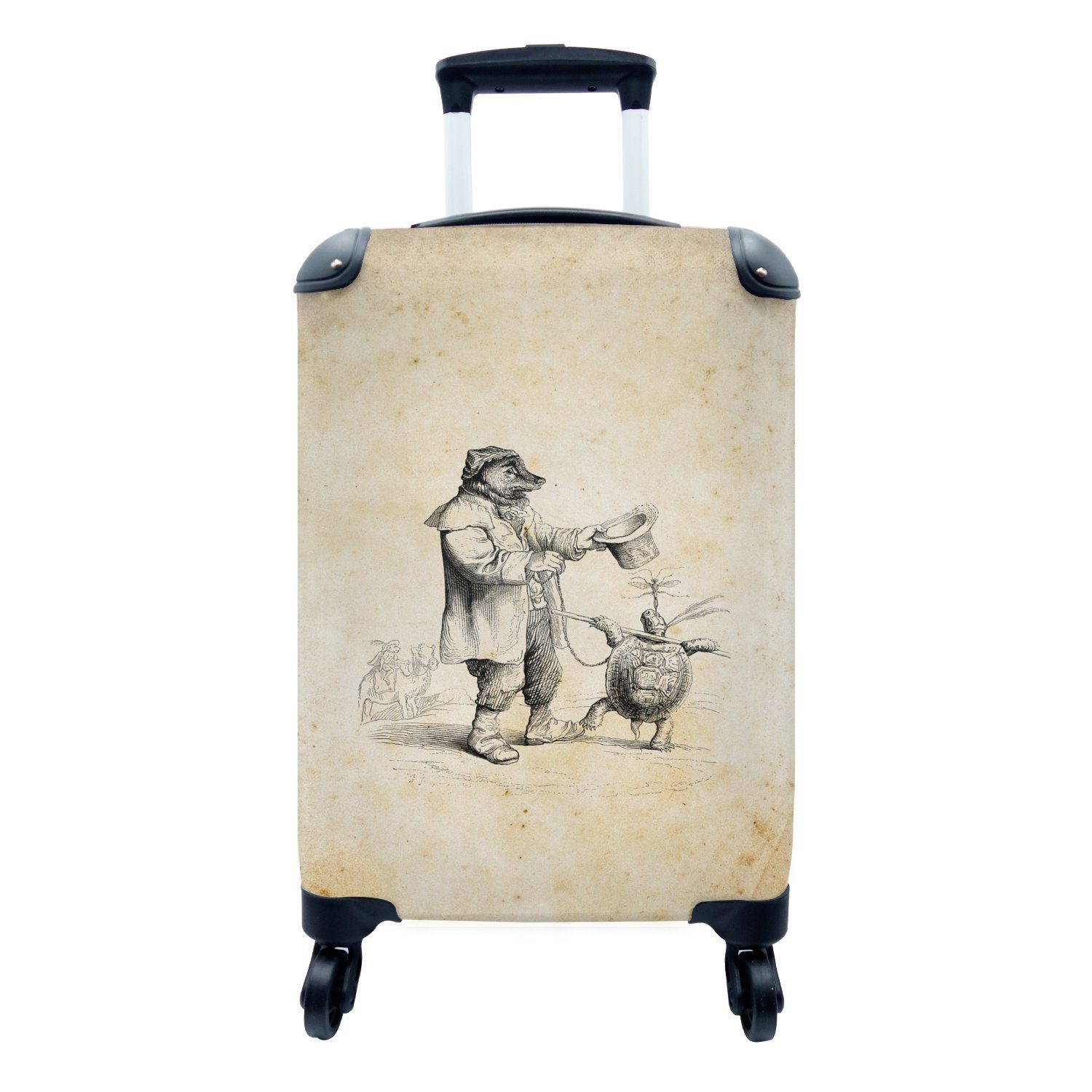 MuchoWow Handgepäckkoffer Vintage Illustration eines Bären und einer Schildkröte, 4 Rollen, Reisetasche mit rollen, Handgepäck für Ferien, Trolley, Reisekoffer | Handgepäck-Koffer