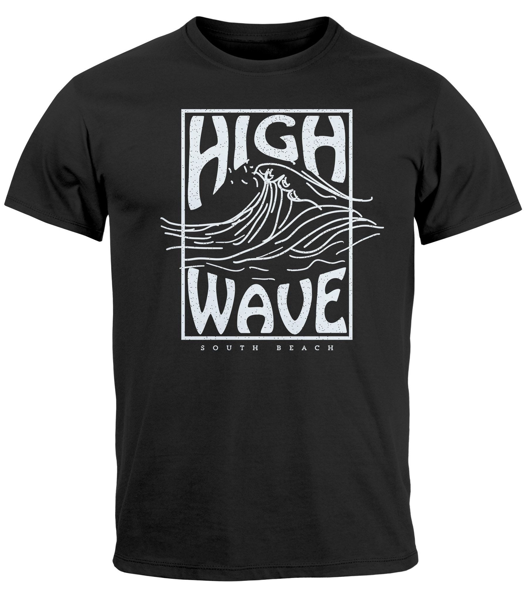 Neverless Print-Shirt Herren T-Shirt High Wave Welle Schrift Line Art Logo Surfing Aufdruck mit Print