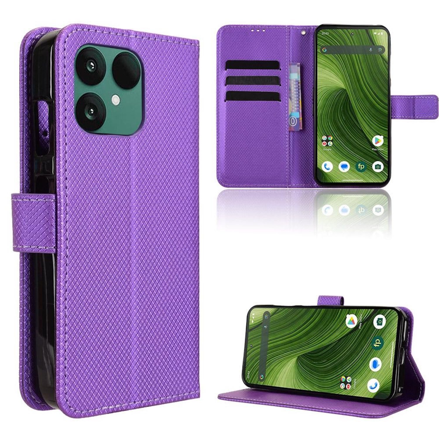 Wigento Smartphone-Hülle Für Fairphone 6 Diamant Design Book Wallet Kunstleder Hülle Case Lila, Diamantstruktur Kunstleder Hülle mit Kartenfächern und Standfunktion