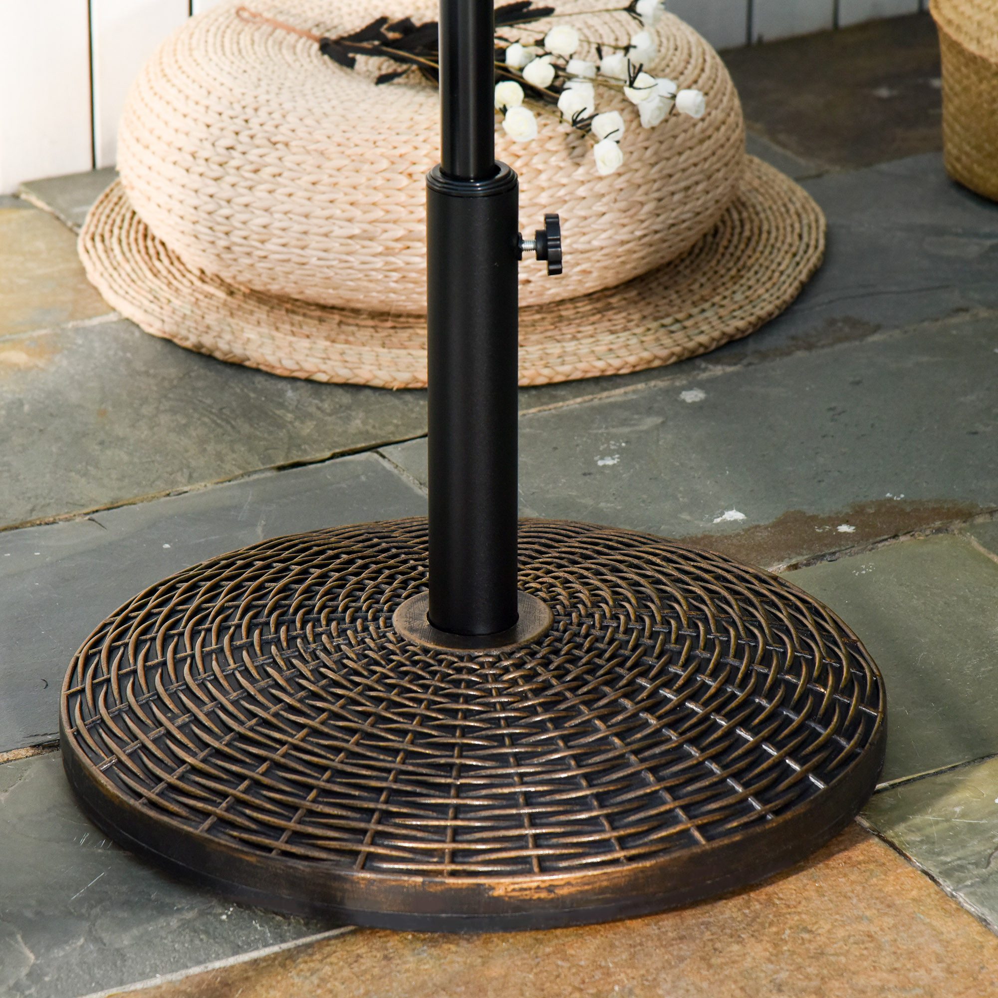 Outsunny Schirmständer Rattanoptik, Schirm Ø35/Ø38/Ø48 mm, Kunststoff + Zement (Schirmfuß, 1 St., Schirmständer), Antik, Bronze, Ø53 x 40 cm