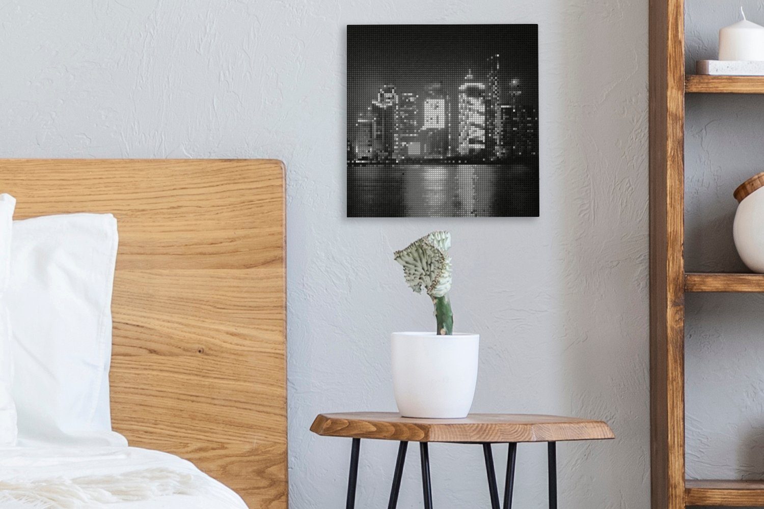 schwarz weiß, Nacht Wohnzimmer Stadt für und Schlafzimmer einer Leinwandbild Mosaikmuster (1 St), bei - OneMillionCanvasses® Bilder Leinwand