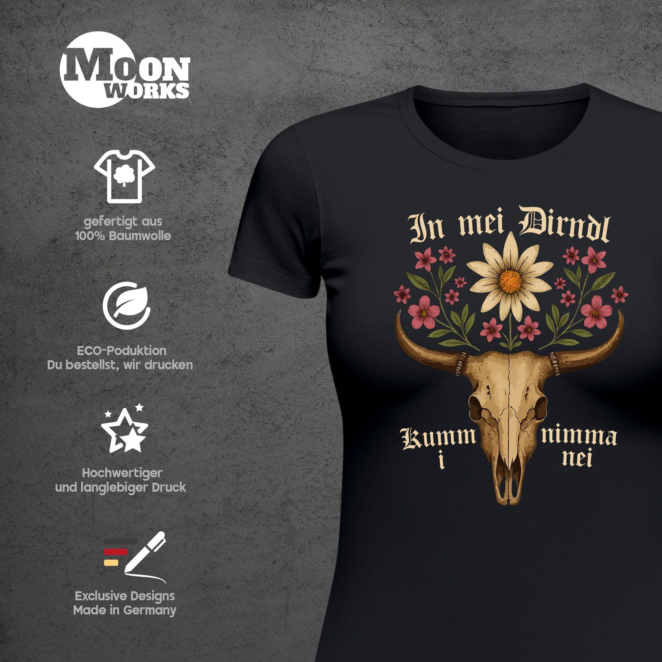 MoonWorks Print-Shirt Damen T-Shirt für das Oktoberfest Hirsch in mei Dirndl kumm i nimma mit Print