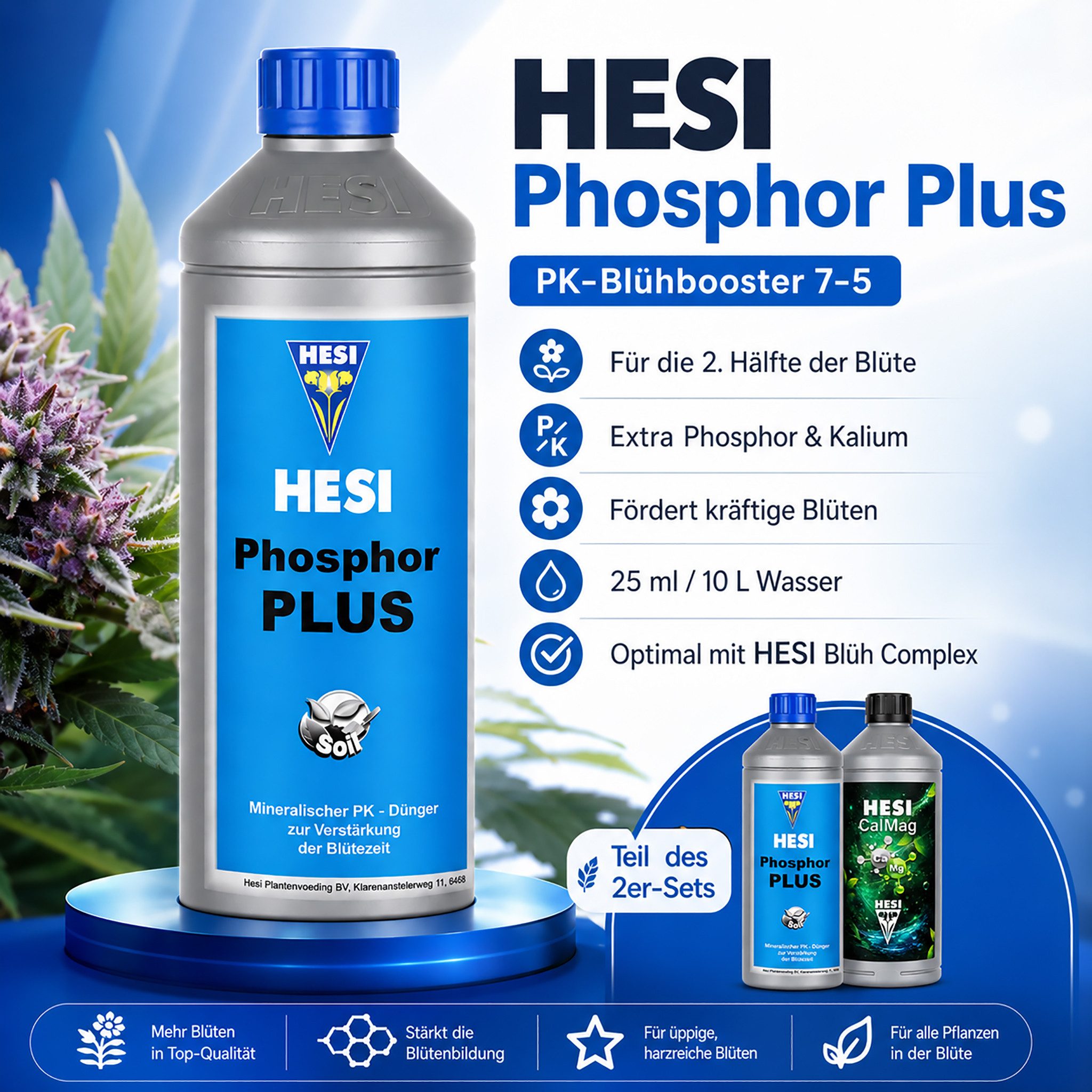 HESI Spezialdünger 1 Liter HESI Phosphor Plus + 1 Liter HESI CalMag, Grow Dünger Kombi, Kombiangebot, Blütenpracht Blütenelixier Zellwandstärkung