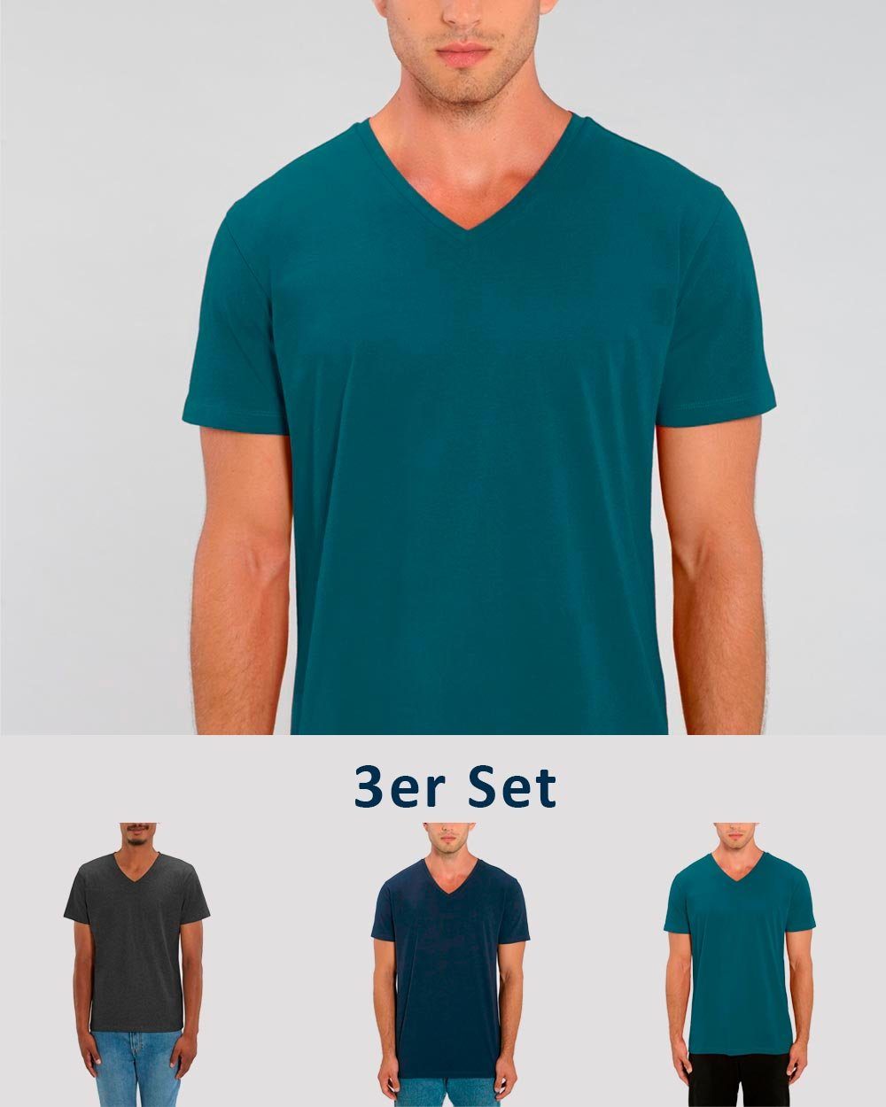 Männer, (Spar-Set, YTWOO Fair & 3er für Pack Pack) Nachhaltig V 3er Stargazer/Navy/Dark T-Shirt T-Shirt Heather Grey