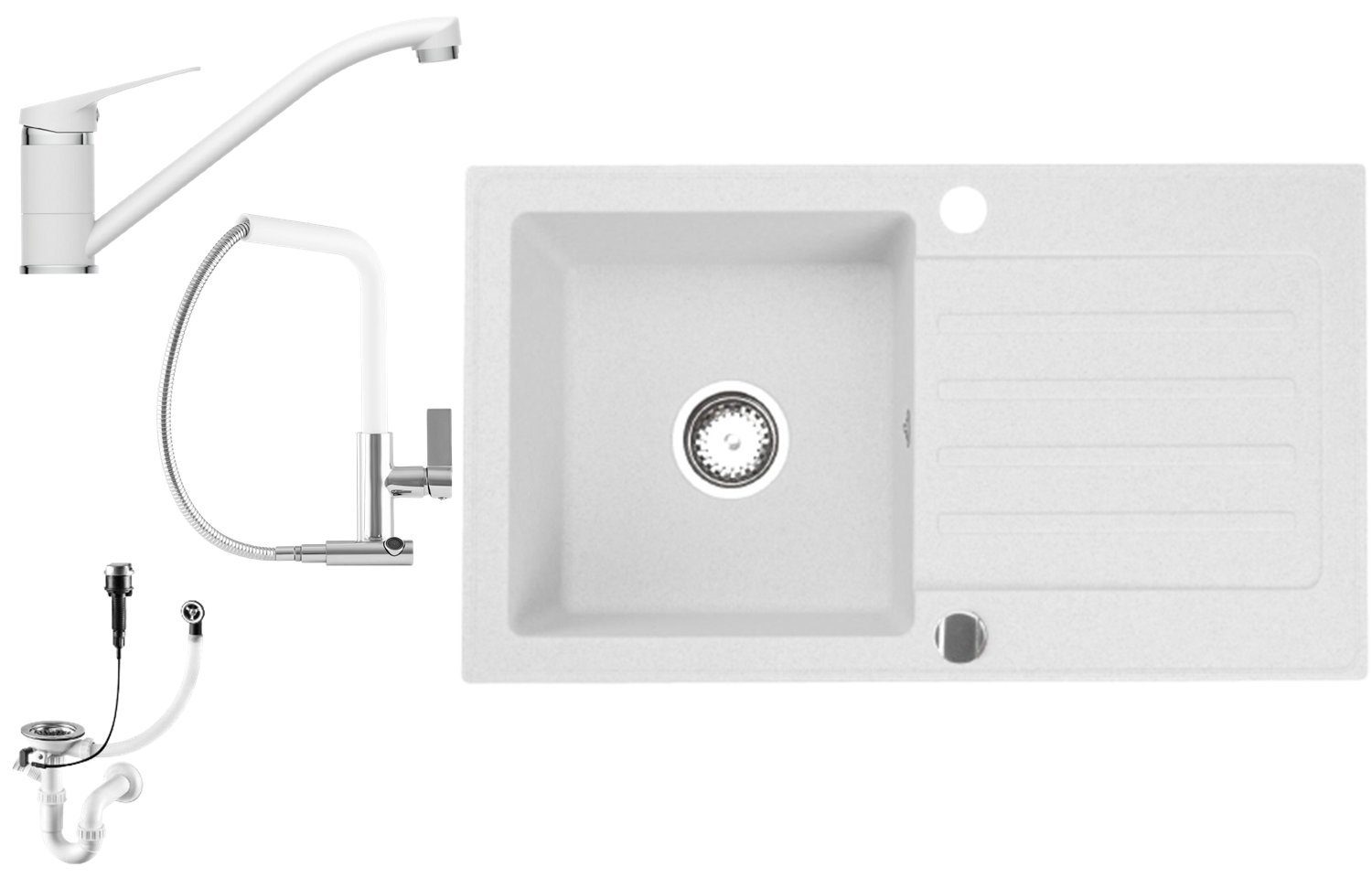 Faizee Möbel Granitspüle Granitspüle 76x44 Weiß+ Armatur Küchenspüle Granit inkl. Siphon Set, Eckig, 76/44 cm