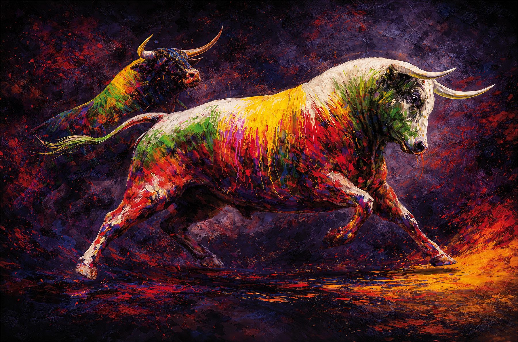 Bönninghoff Bild Wandbild BUNTER STIER 78x118 cm – Leinwandbild Keilrahmen Deko modern, Kuh, Kühe, Tiere, auf Keilrahmen gespannt