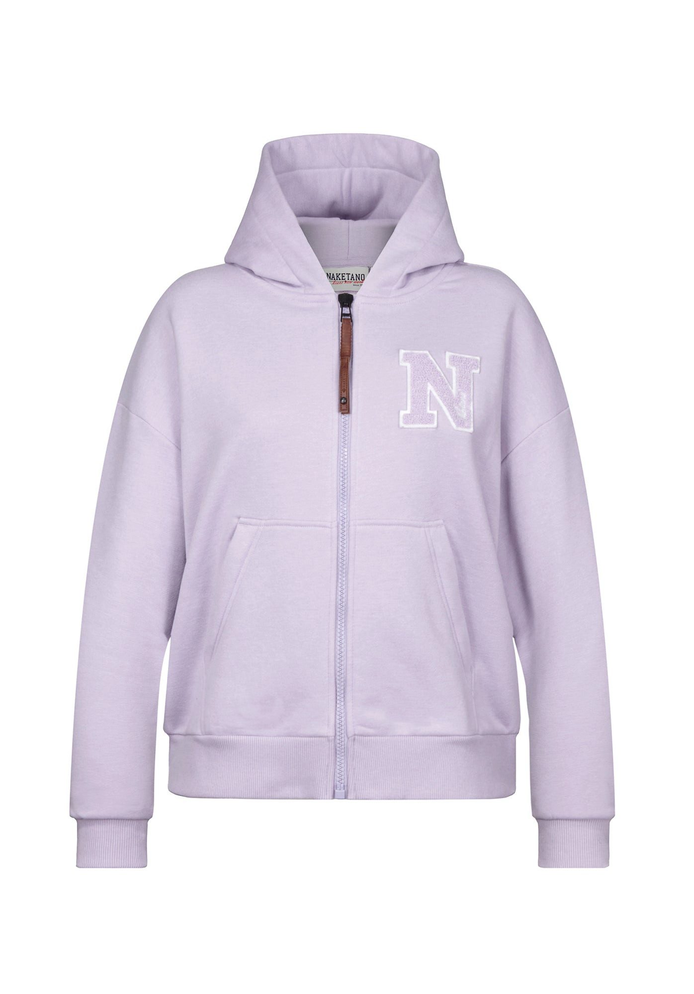 naketano Sweatjacke Oversize Damen mit Kapuze, melierte Sweatware, Reißverschluss, weich kuschelig, Kunstleder-Logo, casual, Streetwear, weich, Langarm