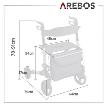 Arebos Rollator Aluminium, 6-fach höhenverstellbar, bequeme Sitzfläche, Stockhalter