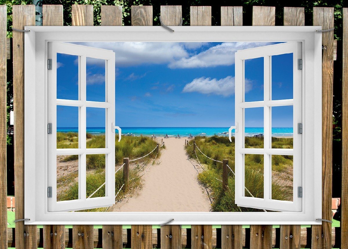 Thumbnail - Wallario Sichtschutzzaunmatten Sandweg zum blauen Meer mit blauem Himmel, mit Fenster-Illusion