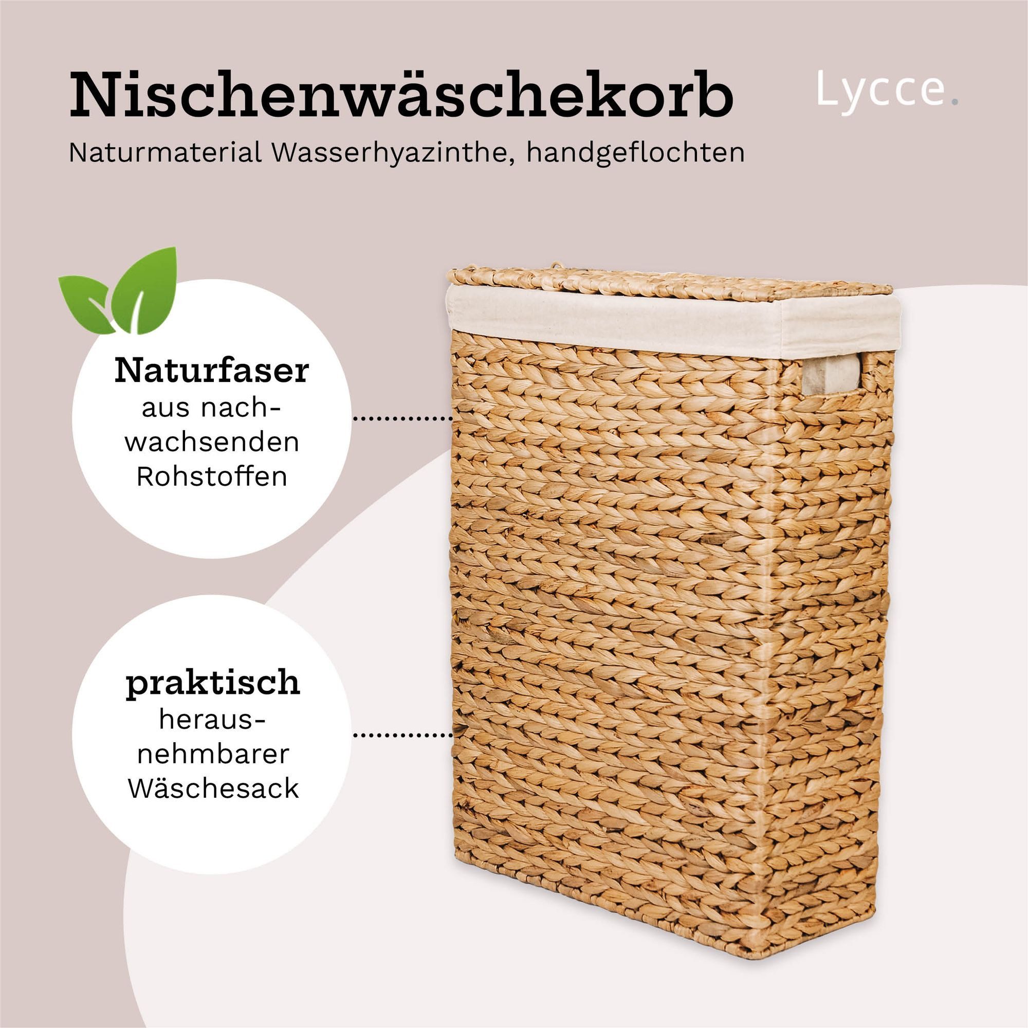 Lycce Wäschekorb Nischenwäschekorb in versch. Größen aus Wasserhyzinthe, mit Deckel, mit herausnehmbarem Wäschesack – Bild 2 von 5