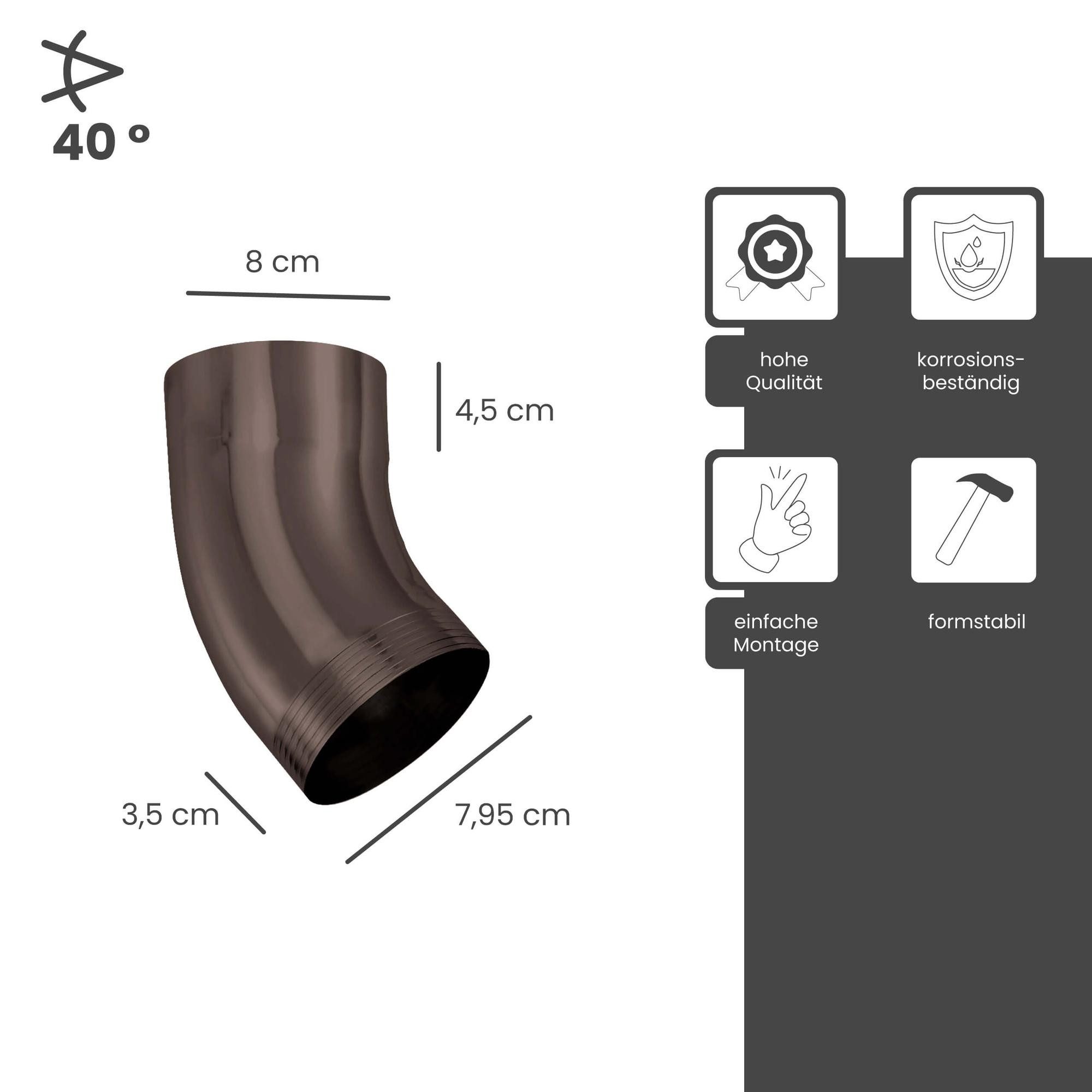 Zambelli Regenfallrohr, (Fallrohrbogen 40 Grad verzinkt, einteilig gefalzt DN 80 Kupferbraun), Rohrbogen hoher Korrosionsschutz, einfache Montage ohne löten