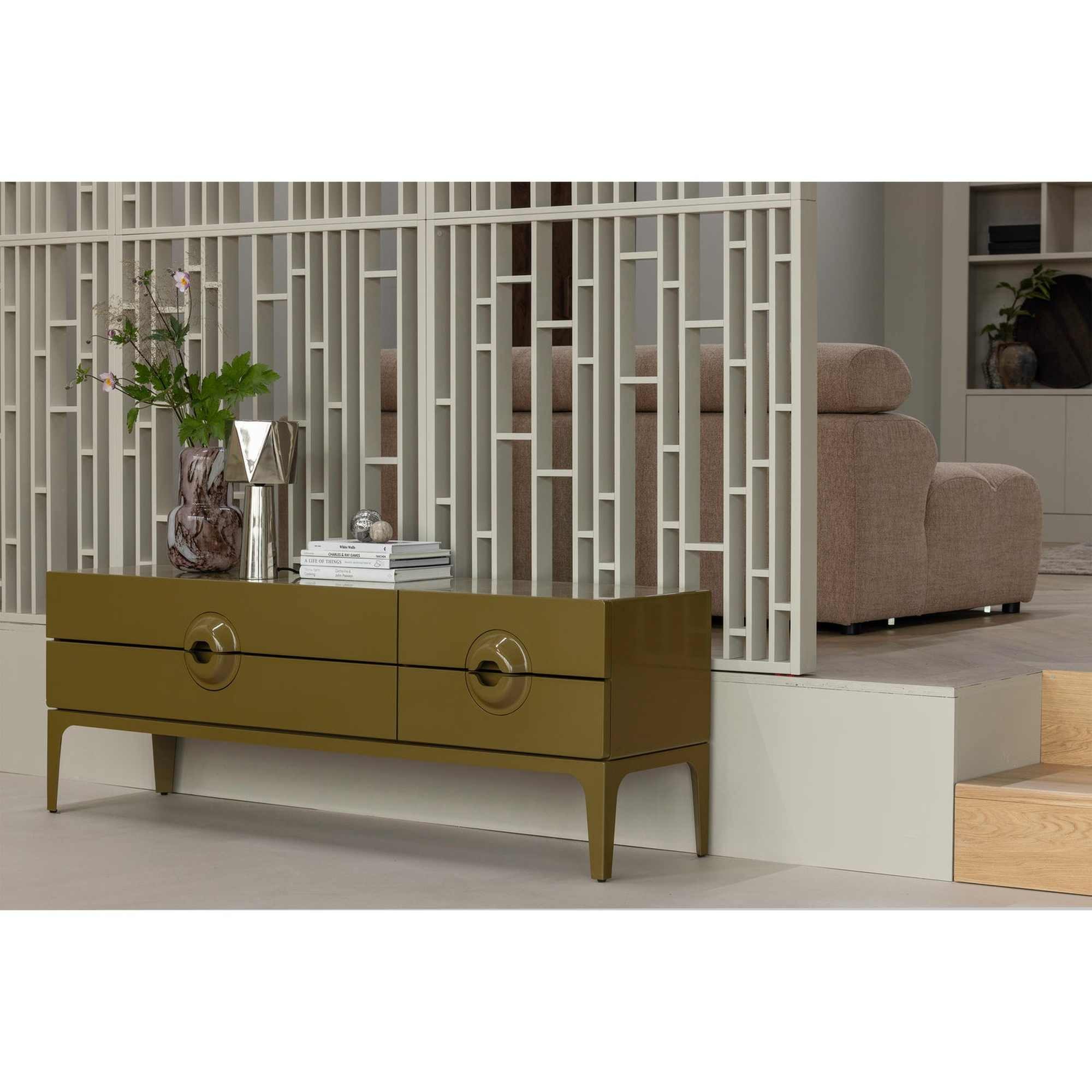WOOOD TV-Board Merge aus Holz in Honiggelb - 160 cm breit, elegantes Design, Einzigartige Griffe & Design
