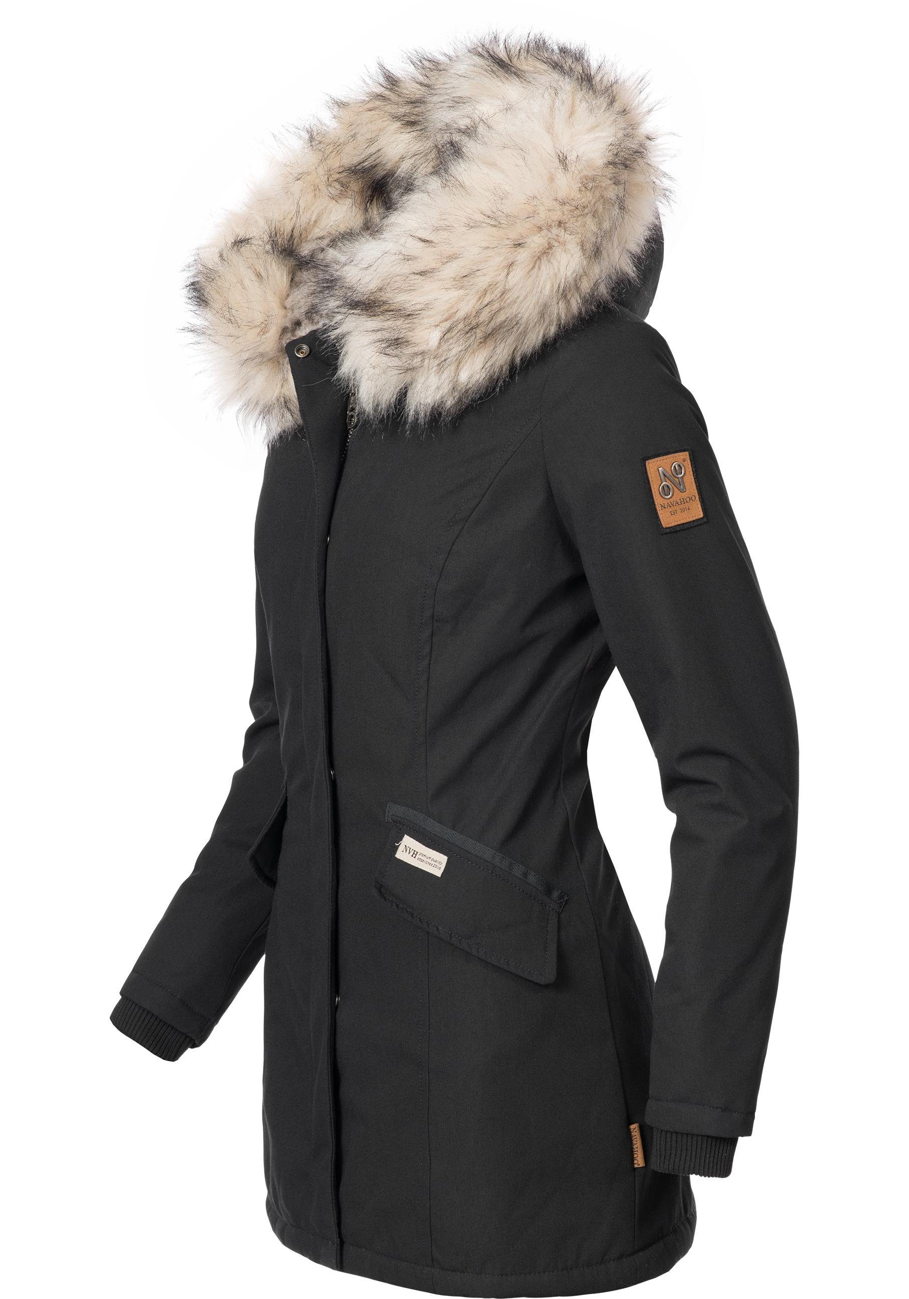 Kunstfell-Kapuze Damen Wintermantel Navahoo mit stylischer Cristal Winterparka schwarz