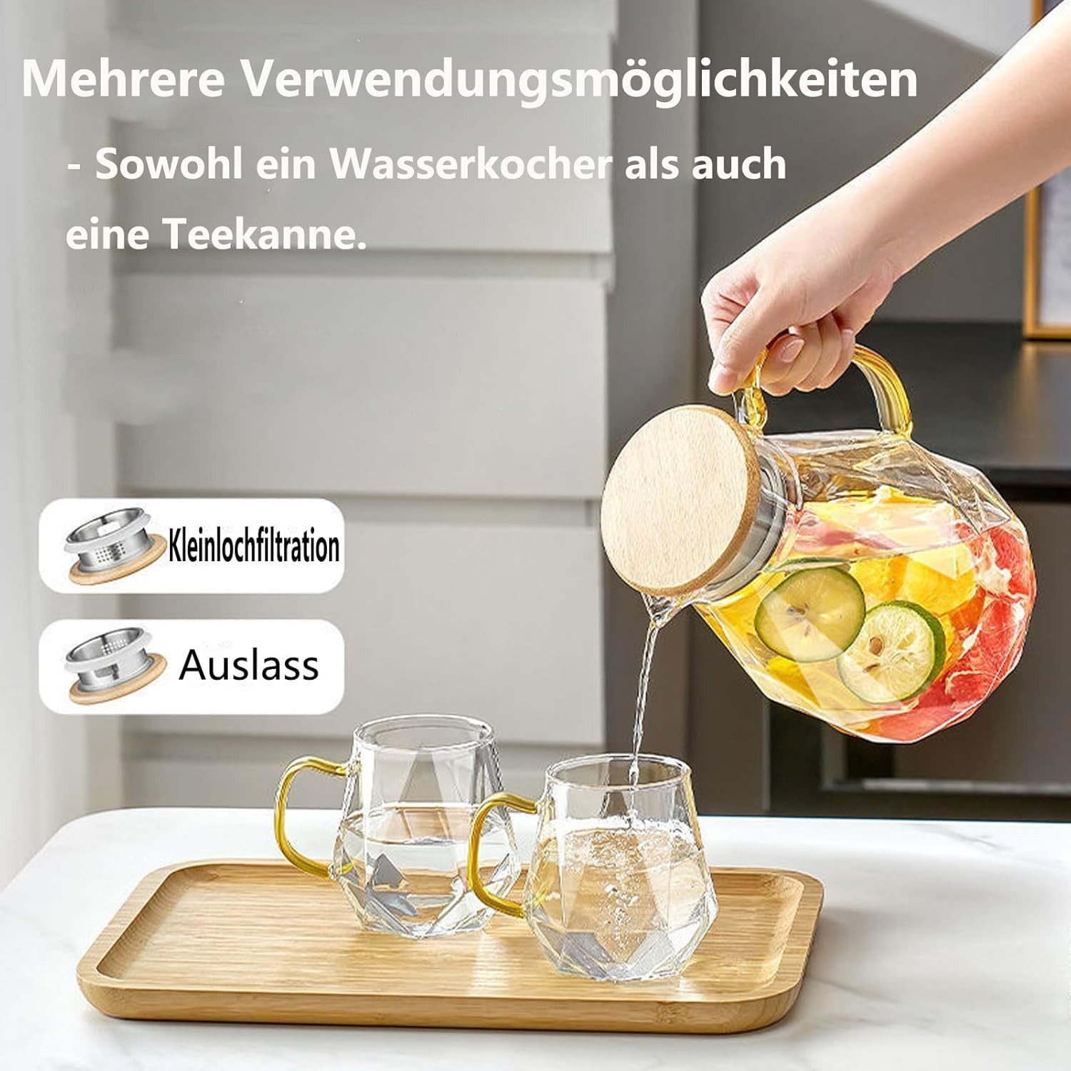 FELIXLEO Karaffe Karaffe aus Borosilikatglas mit Deckel und Ausgießer-2L Glass Jug, (1-tlg) – Bild 3 von 5