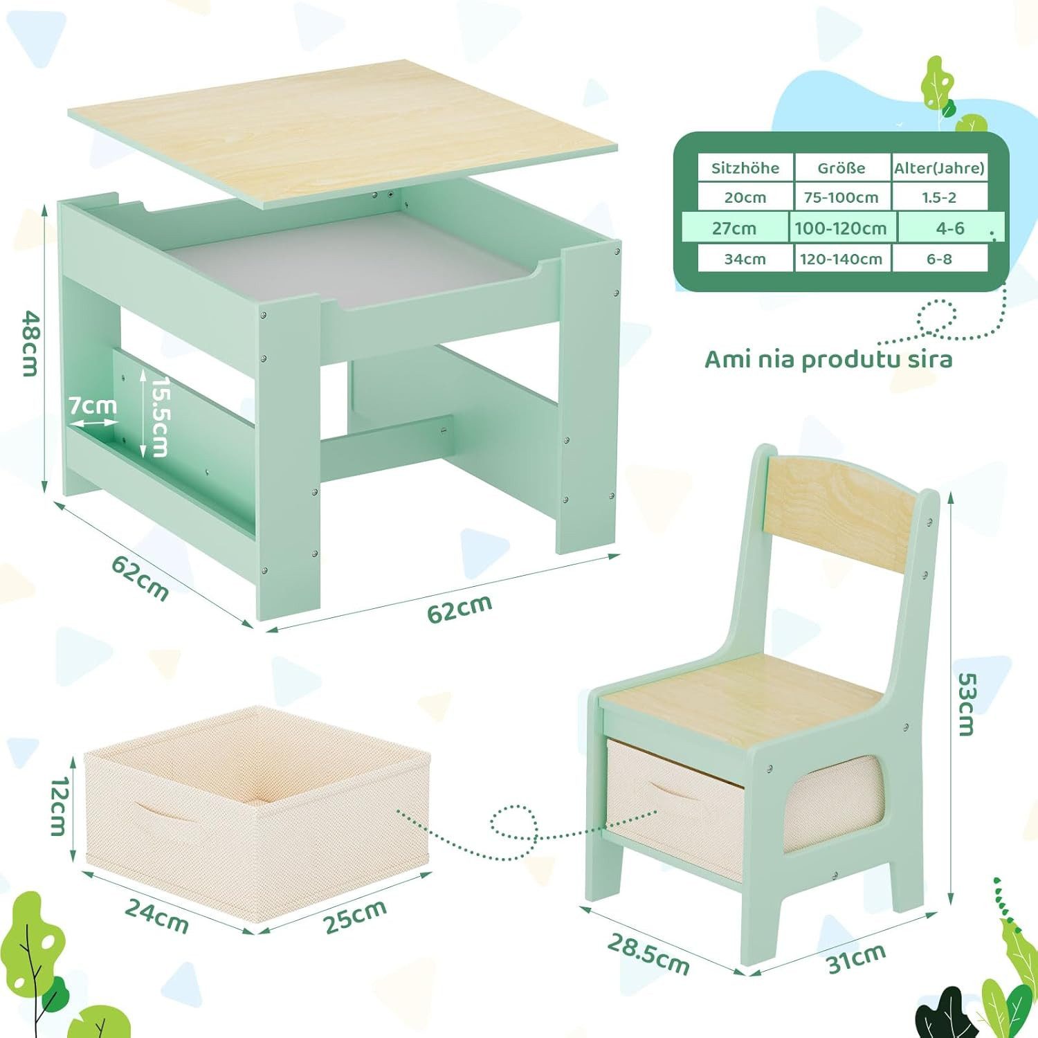 TLGREEN Kindersitzgruppe 3-in-1 Multifunktional mit Whiteboard & Kreidetafel, (Maltisch & Schreibtisch mit Großen Stauraum & Buchständer, Spieltisch für Lego Ki – Bild 2 von 5