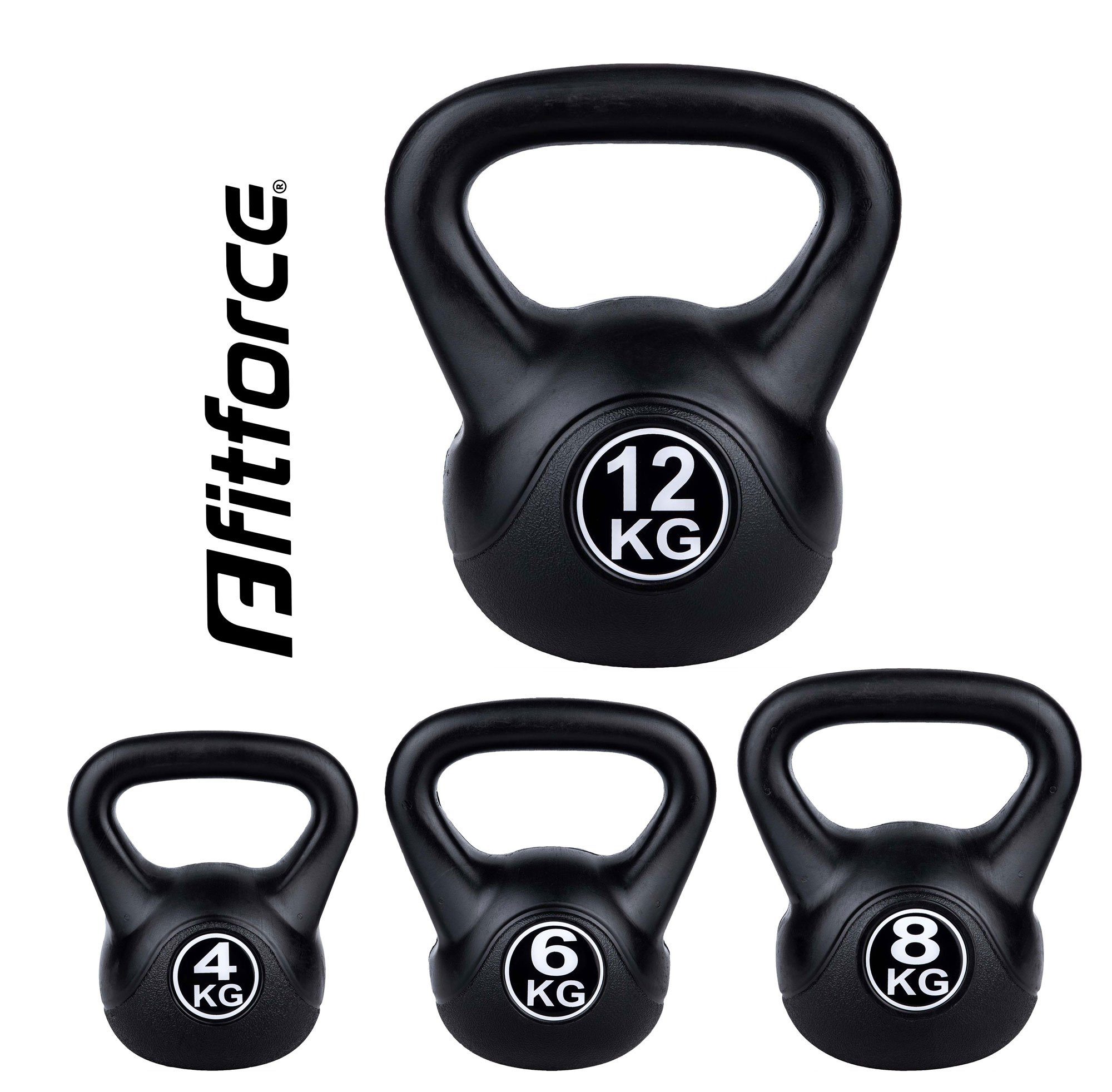 Fitforce Kettlebell Fitforce Kettlebell schwarz Kugelhantel 4kg 6kg 8kg 12kg, Kunststoff Hülle, Zementfüllung