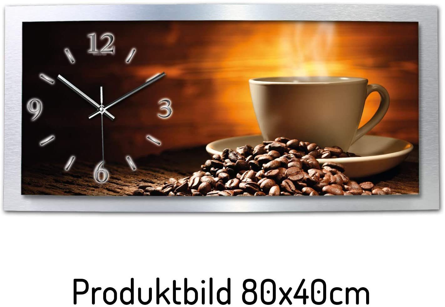 Kreative Feder Wanduhr 3D Designer-Wanduhr „Kaffee“ aus gebürstetem Aluminium (3D-Wölbung, einzigartiges Zwei-Platten-Design, flüsterleises Uhrwerk)