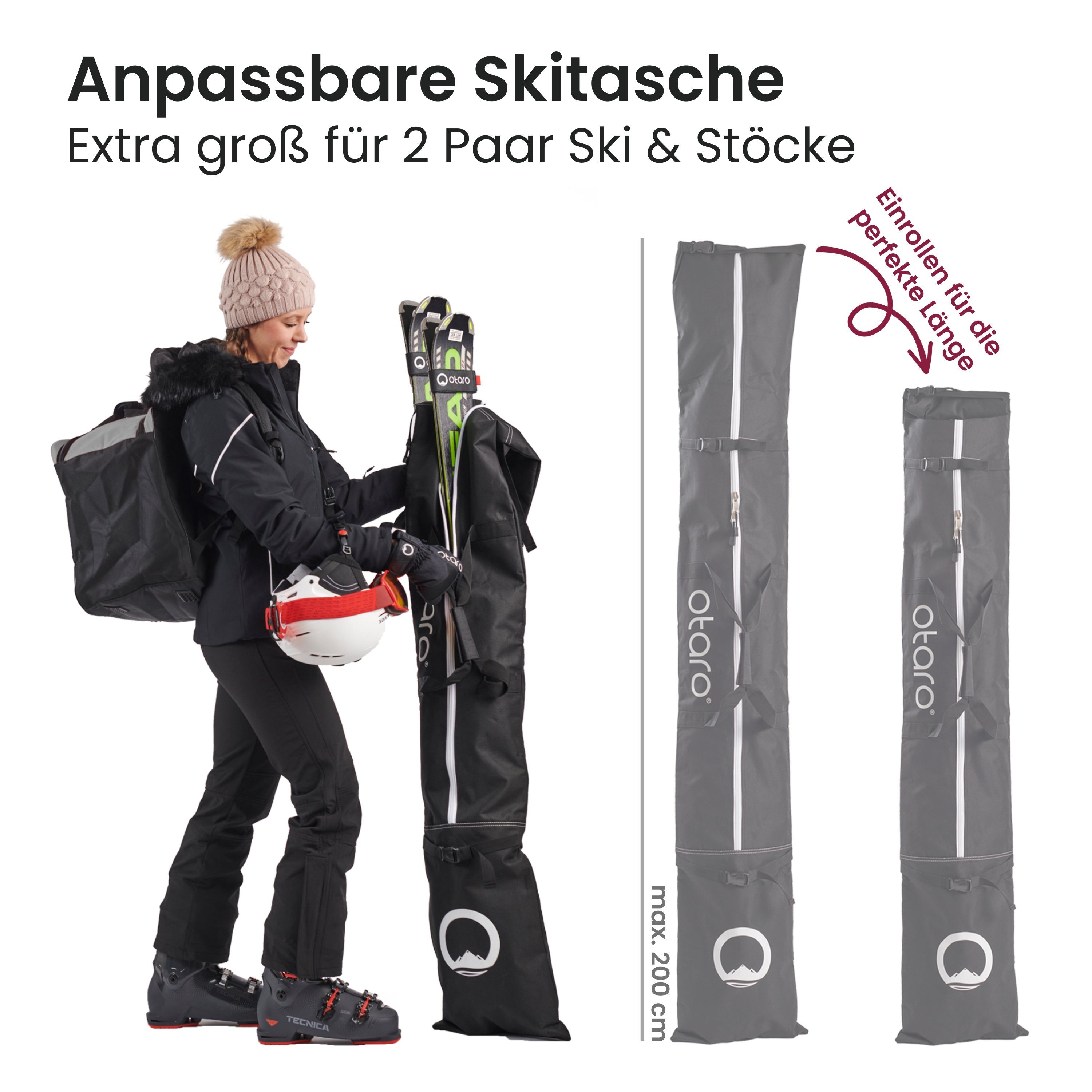 Ausrüstung, Otaro Skischuhtasche Paar Skitasche Standfläche, + Ski Felsgrau Perfekt für 2 Paar Skitasche, (Schutz Schwarz ausklappbare 2 Pro-Set Ski & für durchdacht, Set: mit für Stöcke) Schuhfach deine