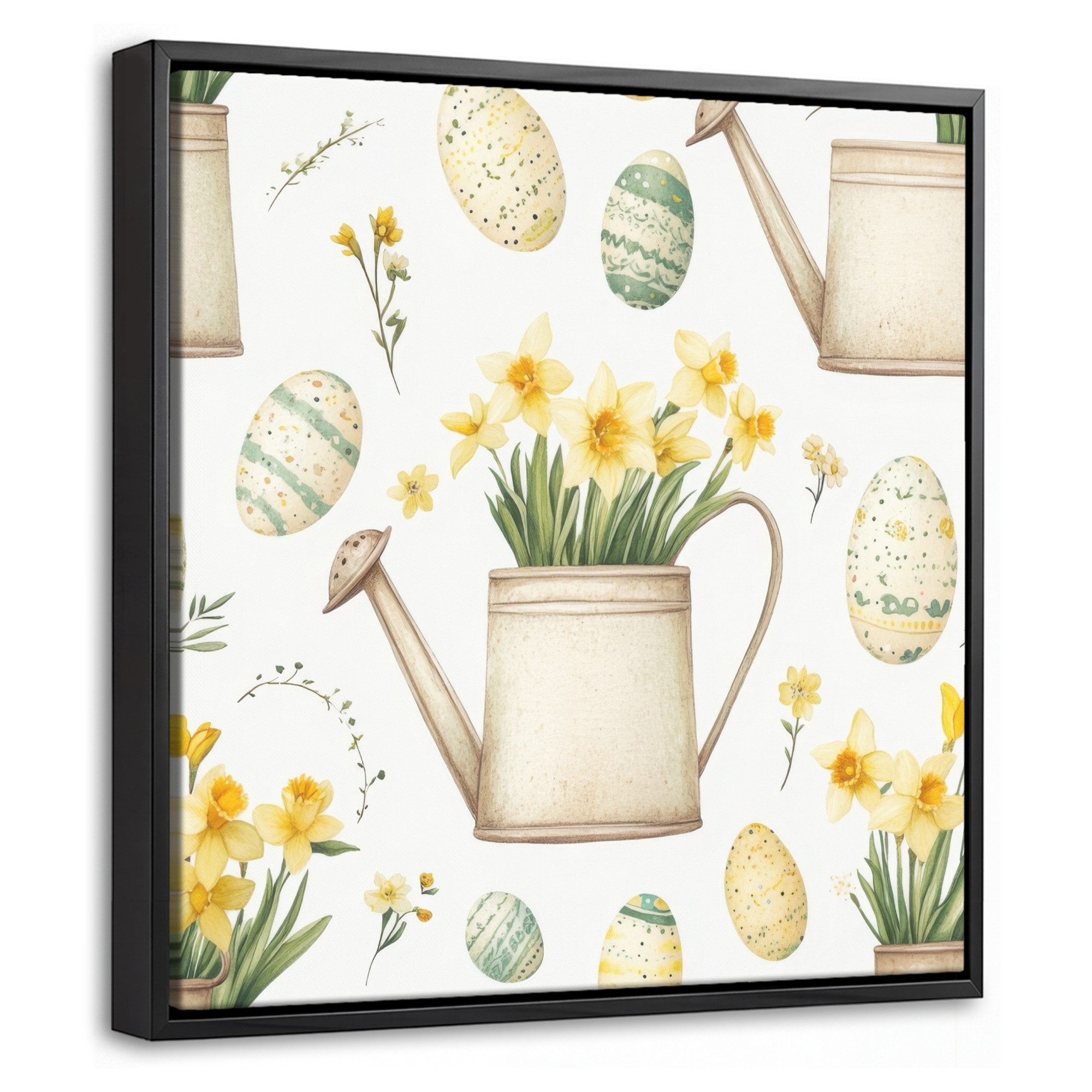 OneMillionCanvasses® Leinwandbild mit Rahmen - Gießkanne - Blumen - Eier, Fotodruck (1 St), Leinwand Bilder Klein, Wand Dekoration Aesthetic 20x20cm