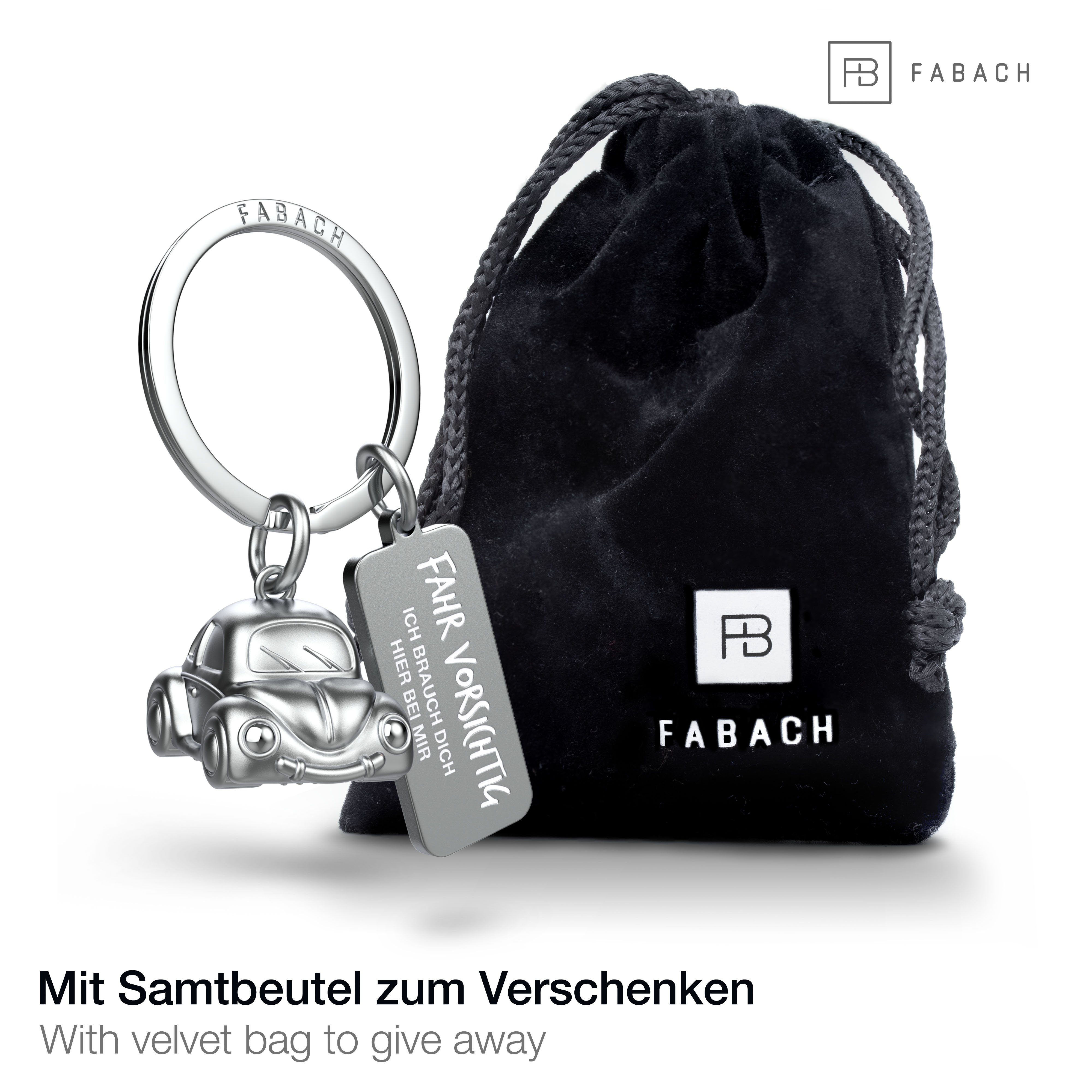 "Car" vorsichtig" Silber - Schlüsselanhänger Auto mit Glücksbringer "Fahr Gravur Miniatur FABACH