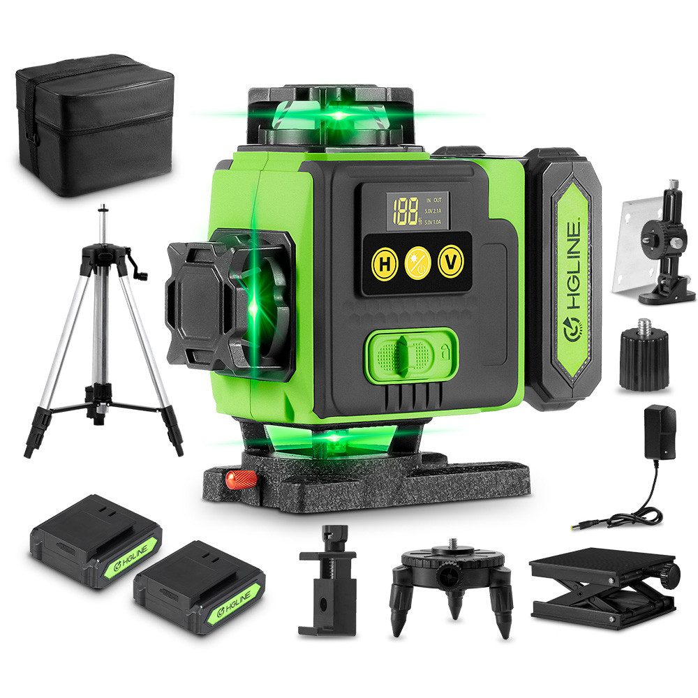 HGLINE Laserwasserwaage 16 Linien Lasernivellier 4 x 360 Grad Selbstnivellierend, Kreuzlinienlaser mit Teleskopstativ & 2x4800 mAh Akkus
