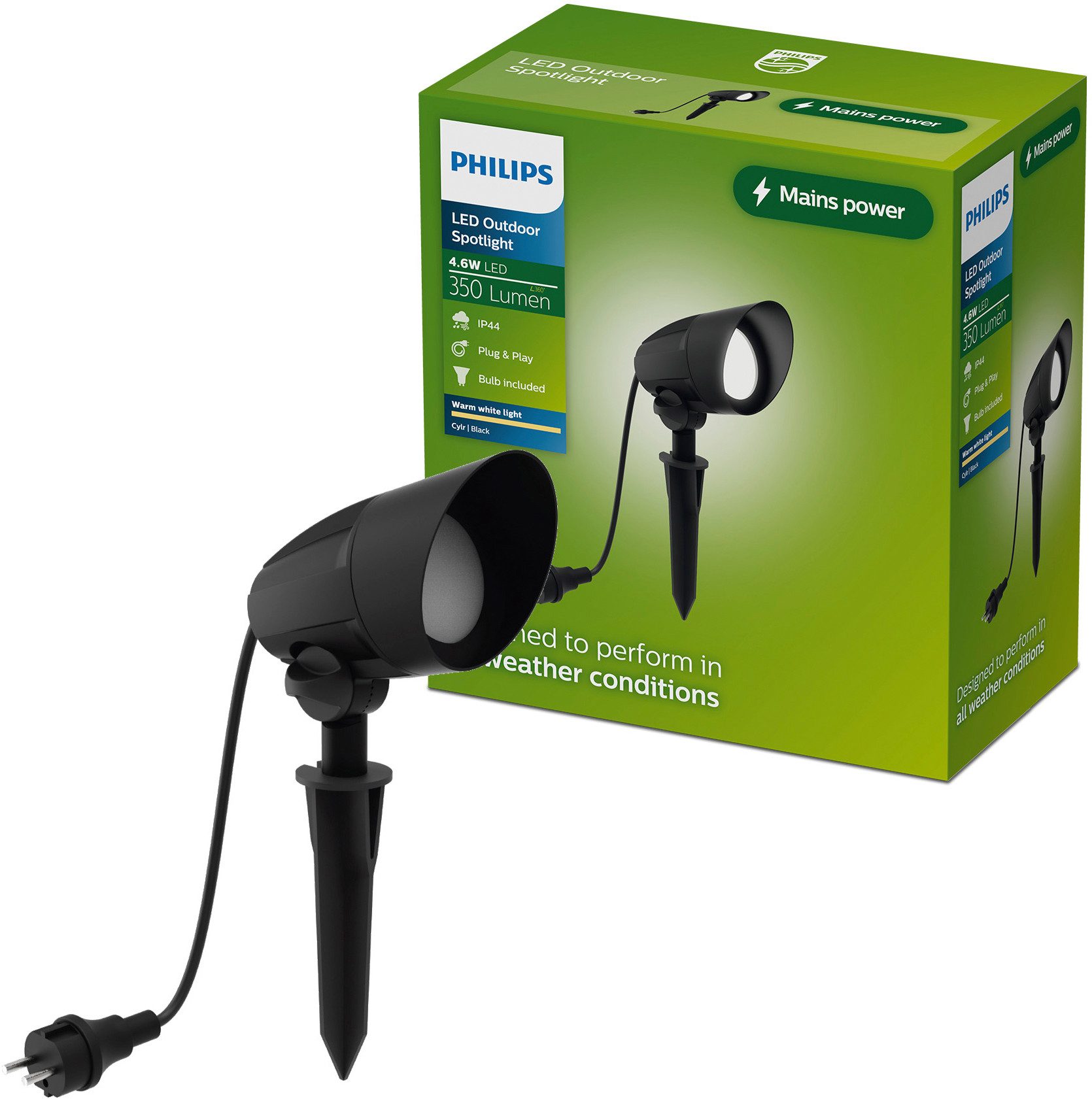 Philips LED Außen-Stehlampe Outdoor Cylr Erdspiess mit Stecker, Leuchtmittel wechselbar, Warmweiß, 1,5m Kabel, inkl. GU10 Leuchtmittel, 2700 Kelvin, 350 Lumen, IP44