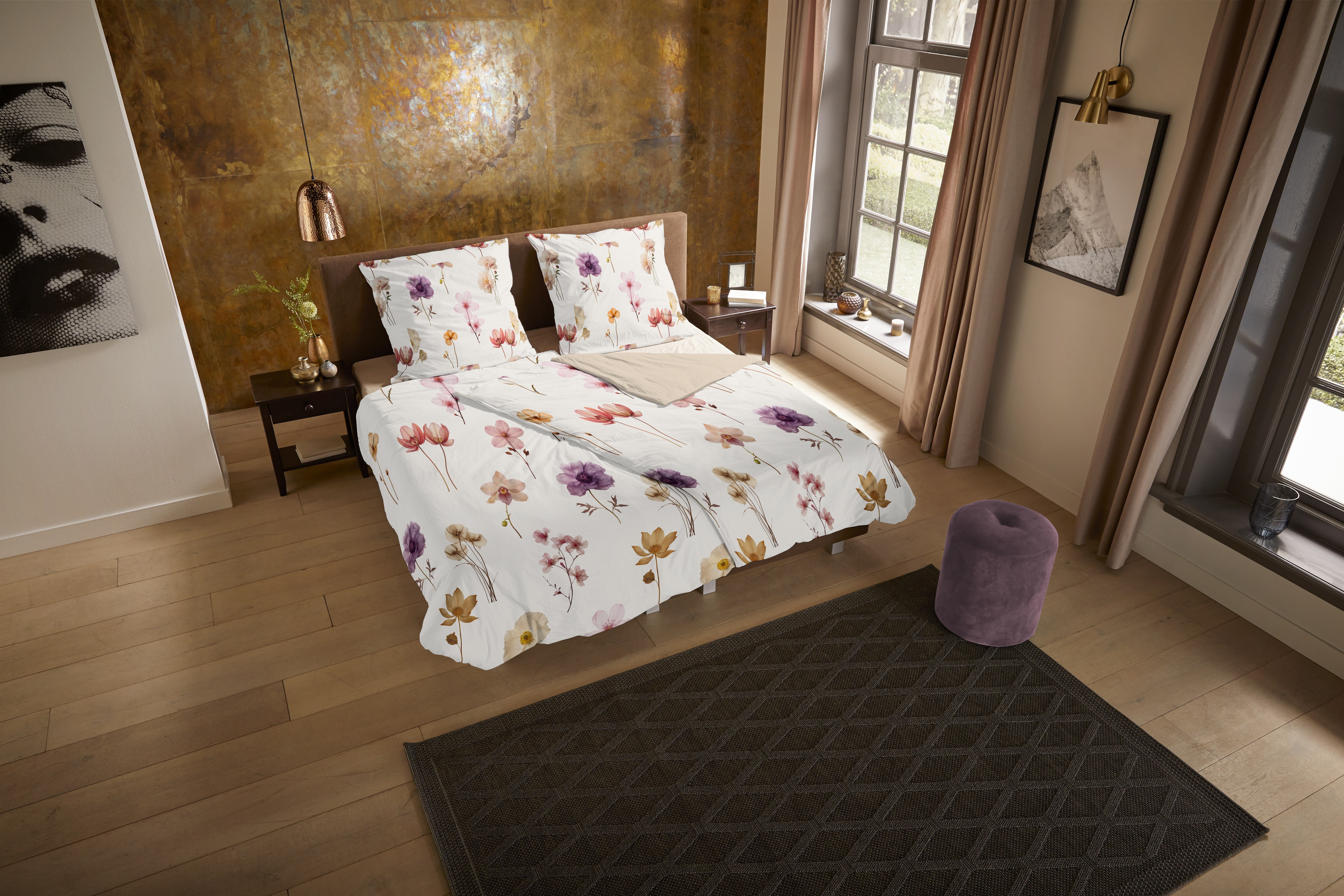 PURE luxury collection Wendebettwäsche Duvre, Microfaser, 2 teilig, Mikrofaser, Pflegeleicht, Reißverschluss, Wendeoptik, Blumen, Ecru