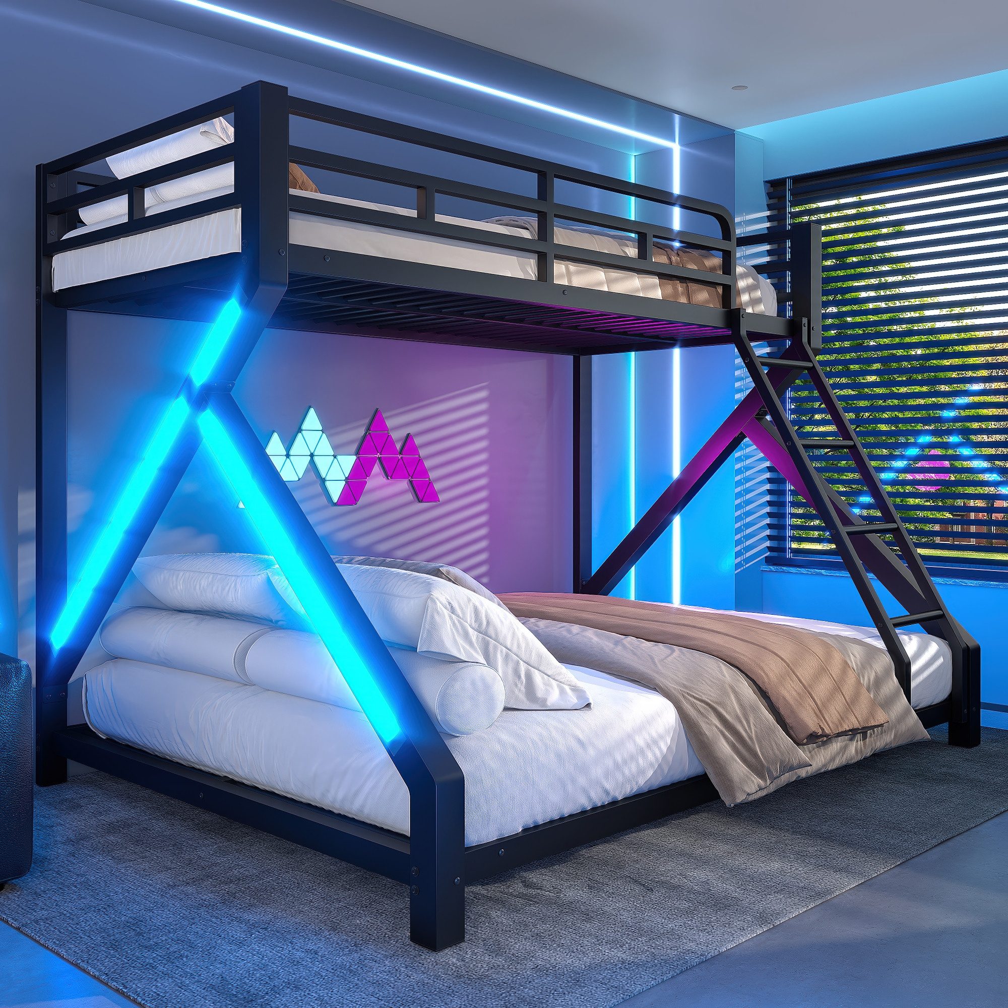 Merax Etagenbett 90x200cm/140x200cm mit LED-Lichtleiste (Set, 1-St., Jugendbett Doppelbett), Metallbett Stockbett Kinderbett mit Sicherheitsgeländer und Leiter – Bild 3 von 5