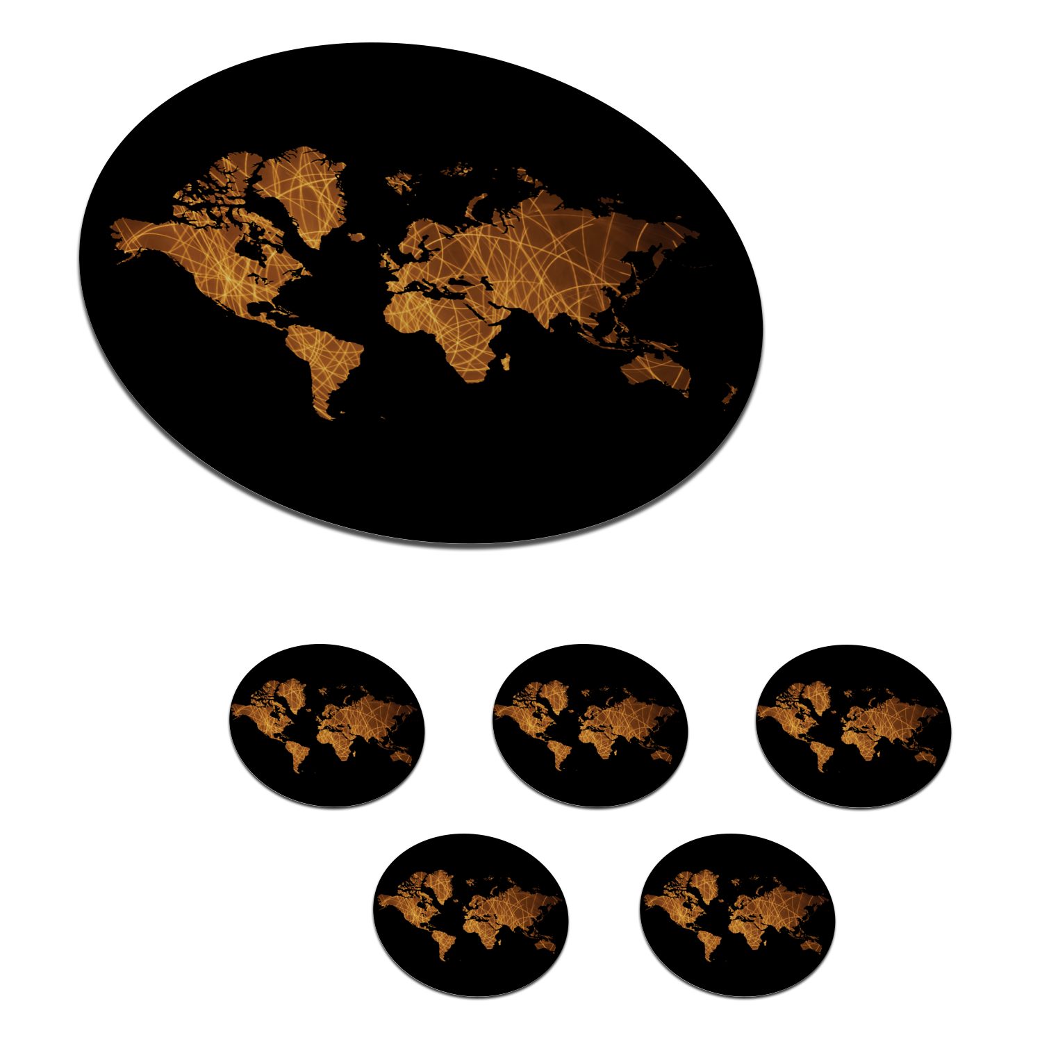 MuchoWow Glasuntersetzer Weltkarte - Gold - Braun, Zubehör für Gläser, 6-tlg., Getränkeuntersetzer, Tassenuntersetzer, Korkuntersetzer, Tasse, Becher