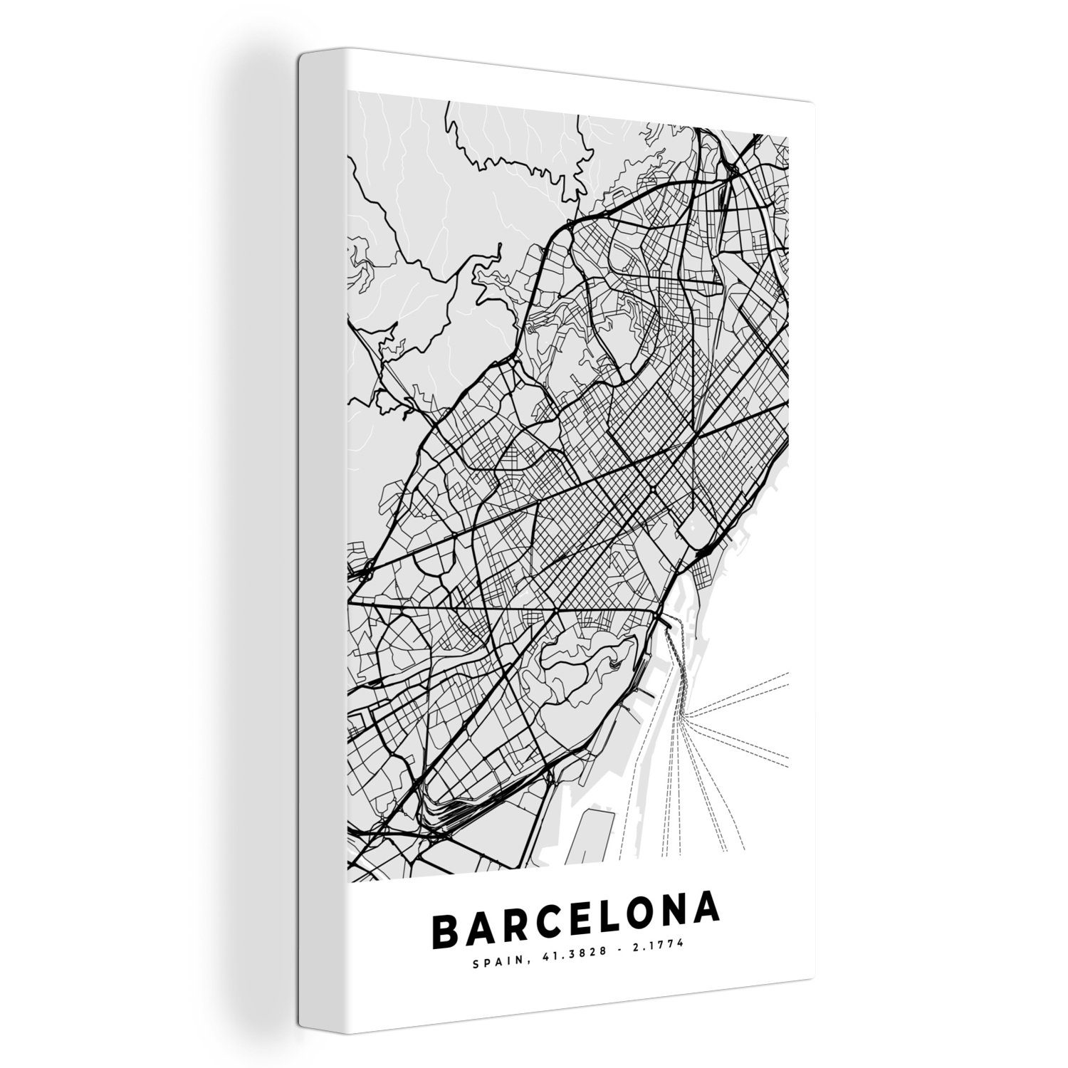 OneMillionCanvasses® Leinwandbild Barcelona - Stadtplan - Karte - Schwarz und weiß, (1 St), Leinwandbild fertig bespannt inkl. Zackenaufhänger, Gemälde, 20x30 cm